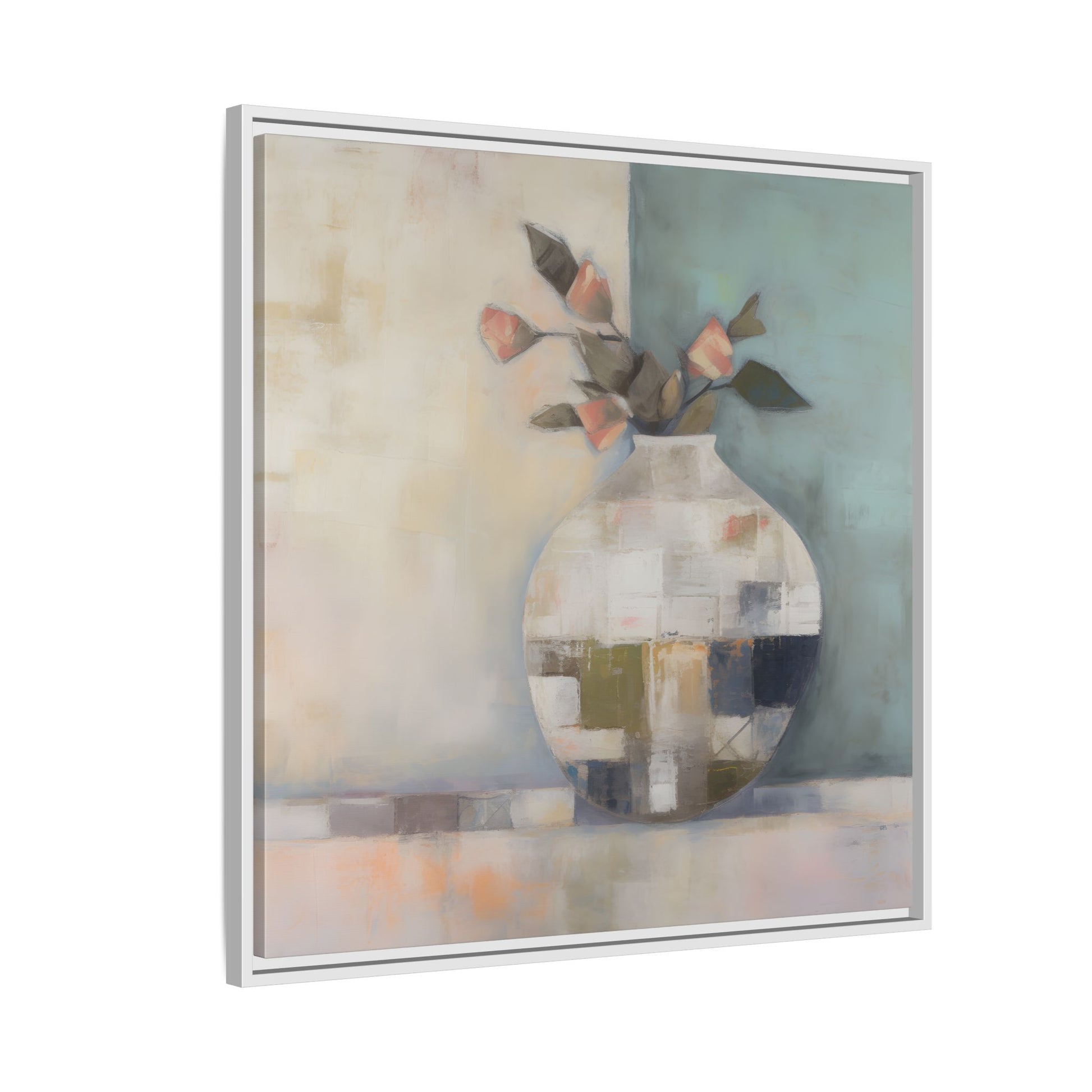 Geometric Floral Still Life Wall Art – Framed Abstract Canvas with Vase and Blush Pink Buds featuring geometric vase and rosebuds