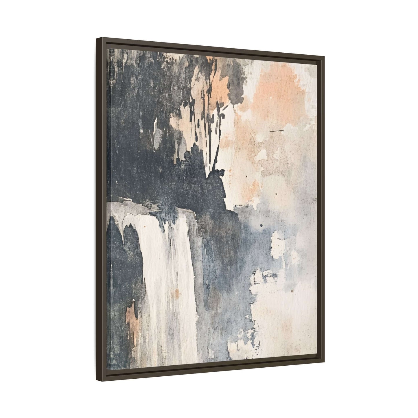 Framed vertical canvas print of an abstract waterfall painting, perfect for home decor. Available in multiple sizes. Matte finish.