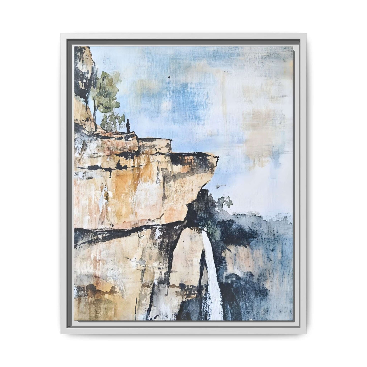 Framed impressionistic landscape canvas featuring a serene waterfall and rocky cliffs, perfect for enhancing living spaces with a calming presence.