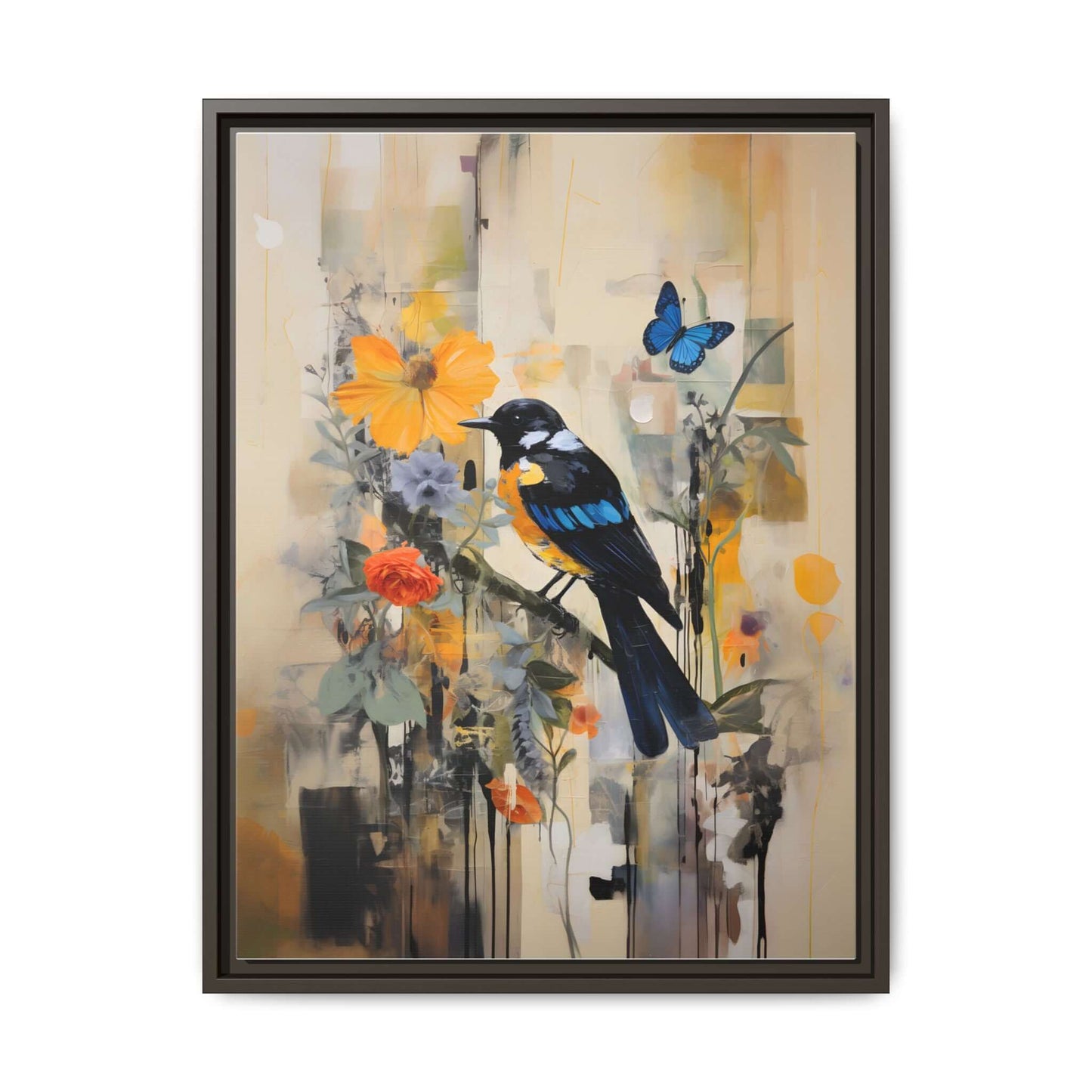 Framed colorful bird and butterfly canvas art with vibrant flowers, perfect for home decor, vertical orientation.