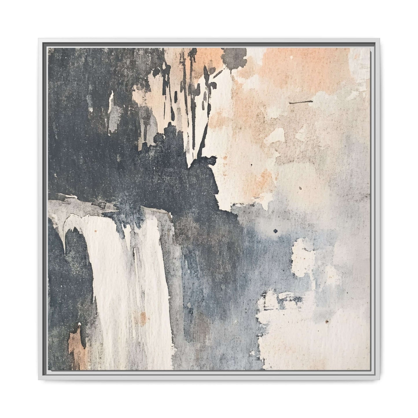 Framed abstract watercolor painting of a waterfall, featuring earthy tones and a matte canvas texture, ideal for home decor.