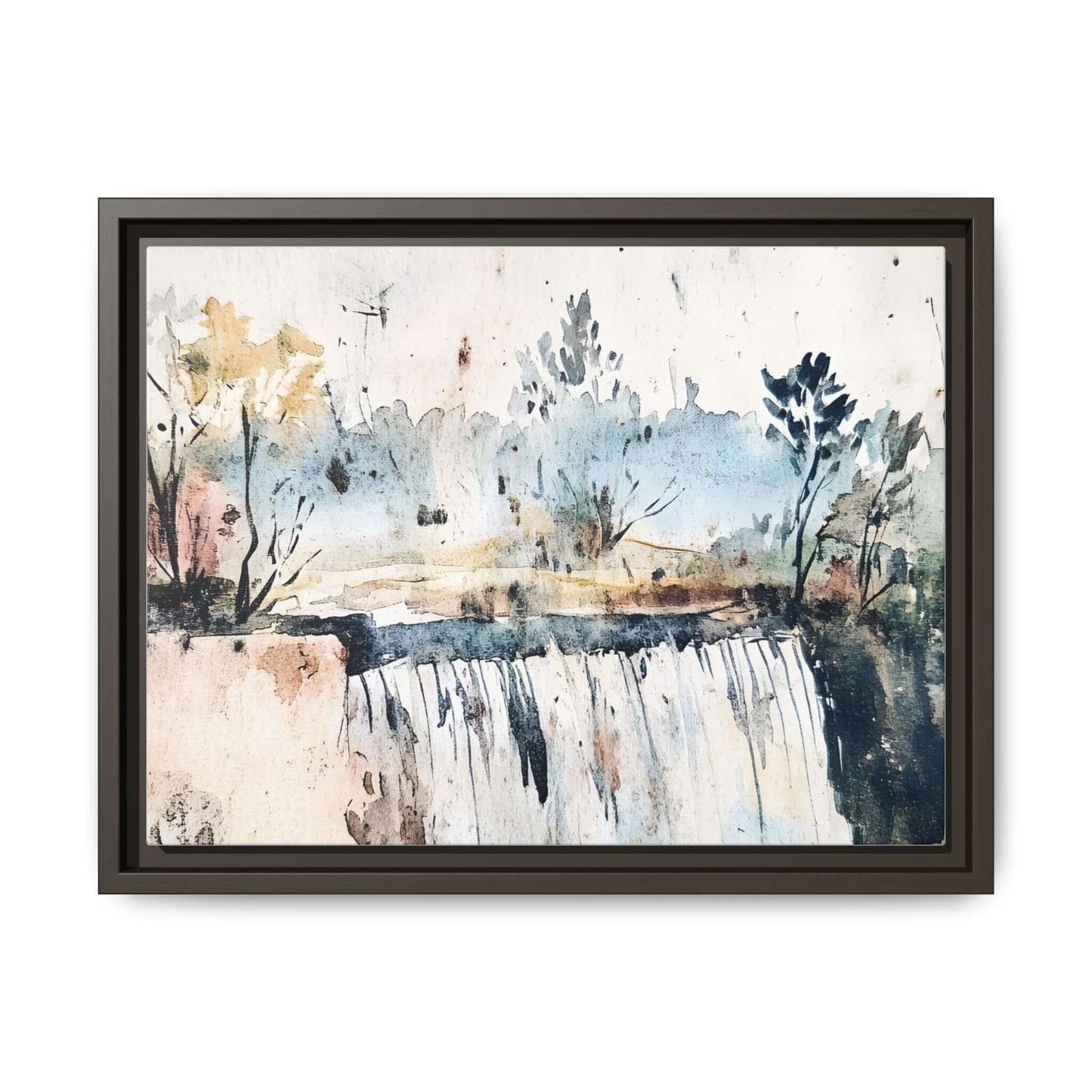 Framed watercolor wall art depicting a serene landscape with trees and cascading water, perfect for home decor.