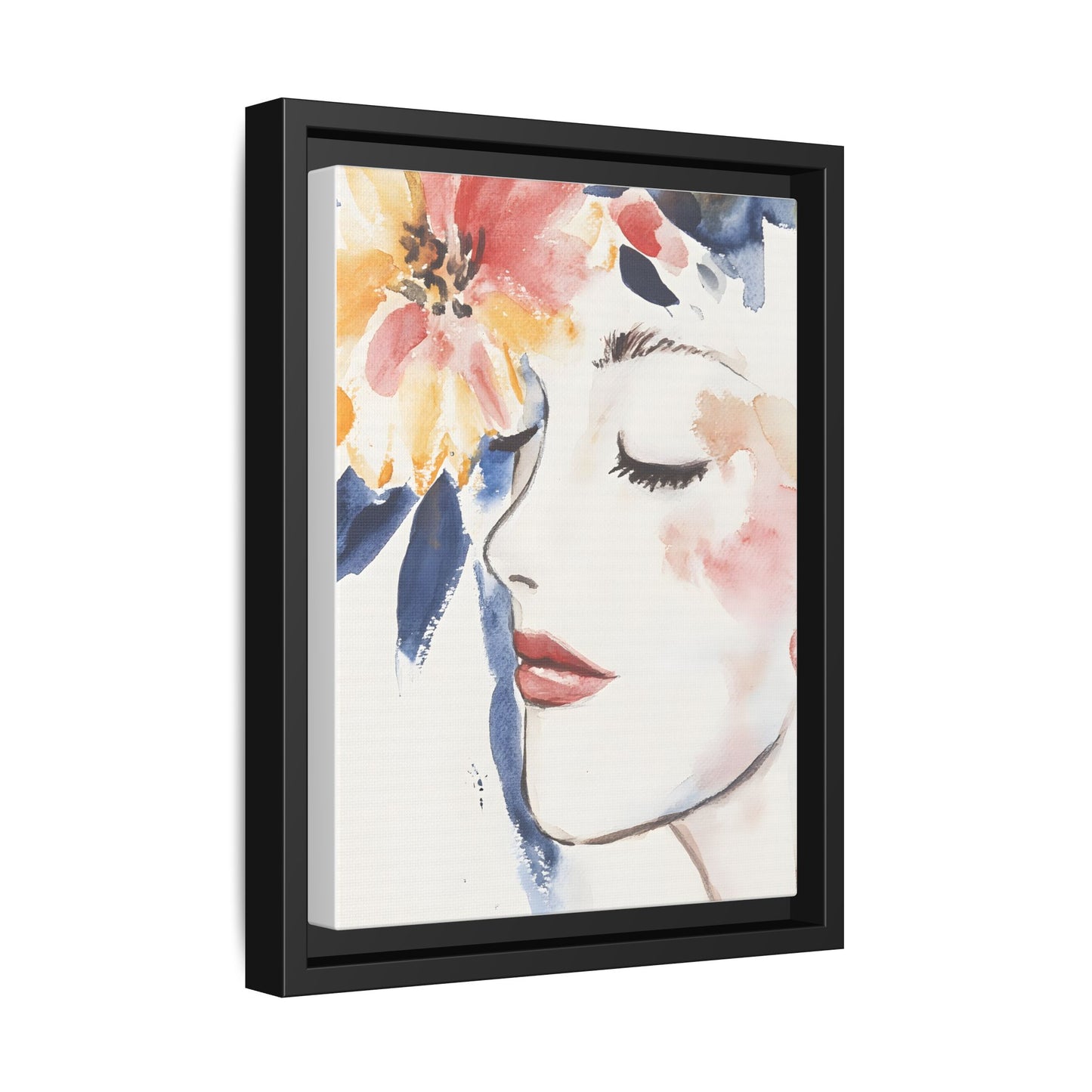 Multi-Color Framed Matte Canvas Art - Floral Face Portrait in black frame