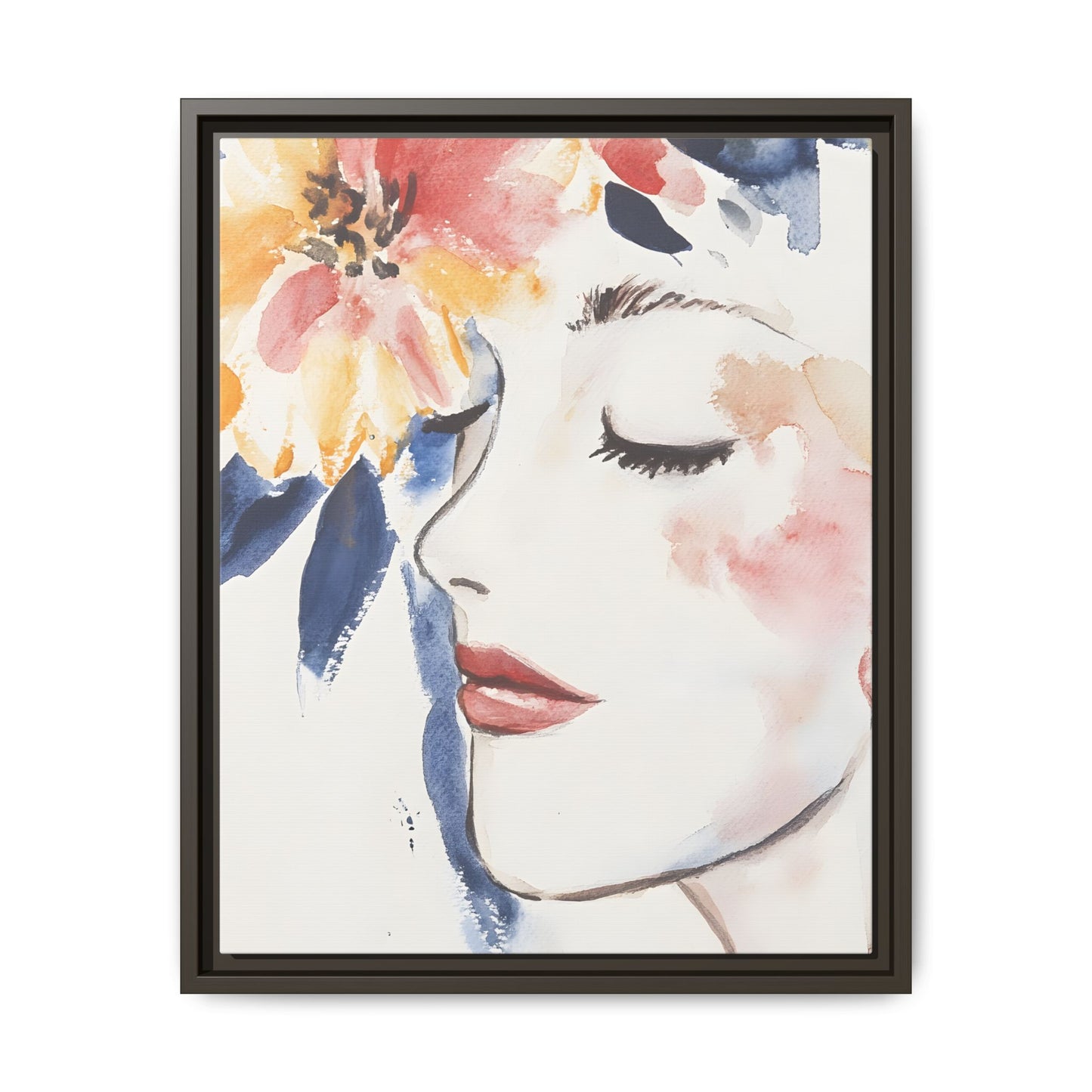 Multi-Color Framed Matte Canvas Art - Floral Face Portrait, vertical format, decorative wall art with vibrant floral design.