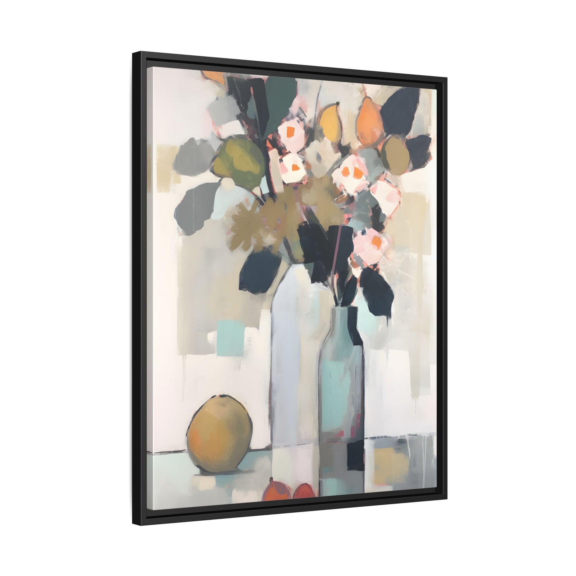 Modern Floral Still Life Wall Art – Framed Canvas with Bold Leaves and Citrus in Vase, showcasing abstract vases and vibrant colors.