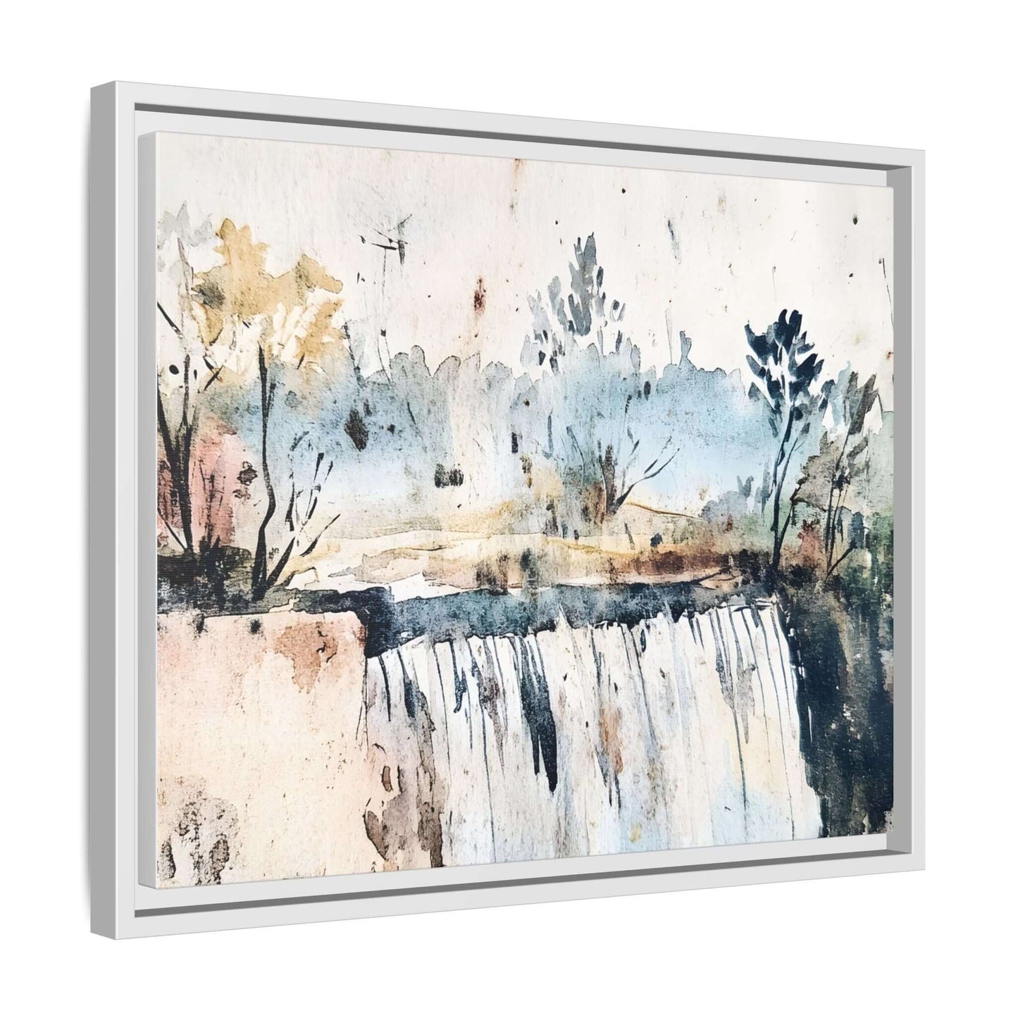 Framed watercolor wall art featuring a serene landscape waterfall scene, ideal for home decor in various sizes and orientations.