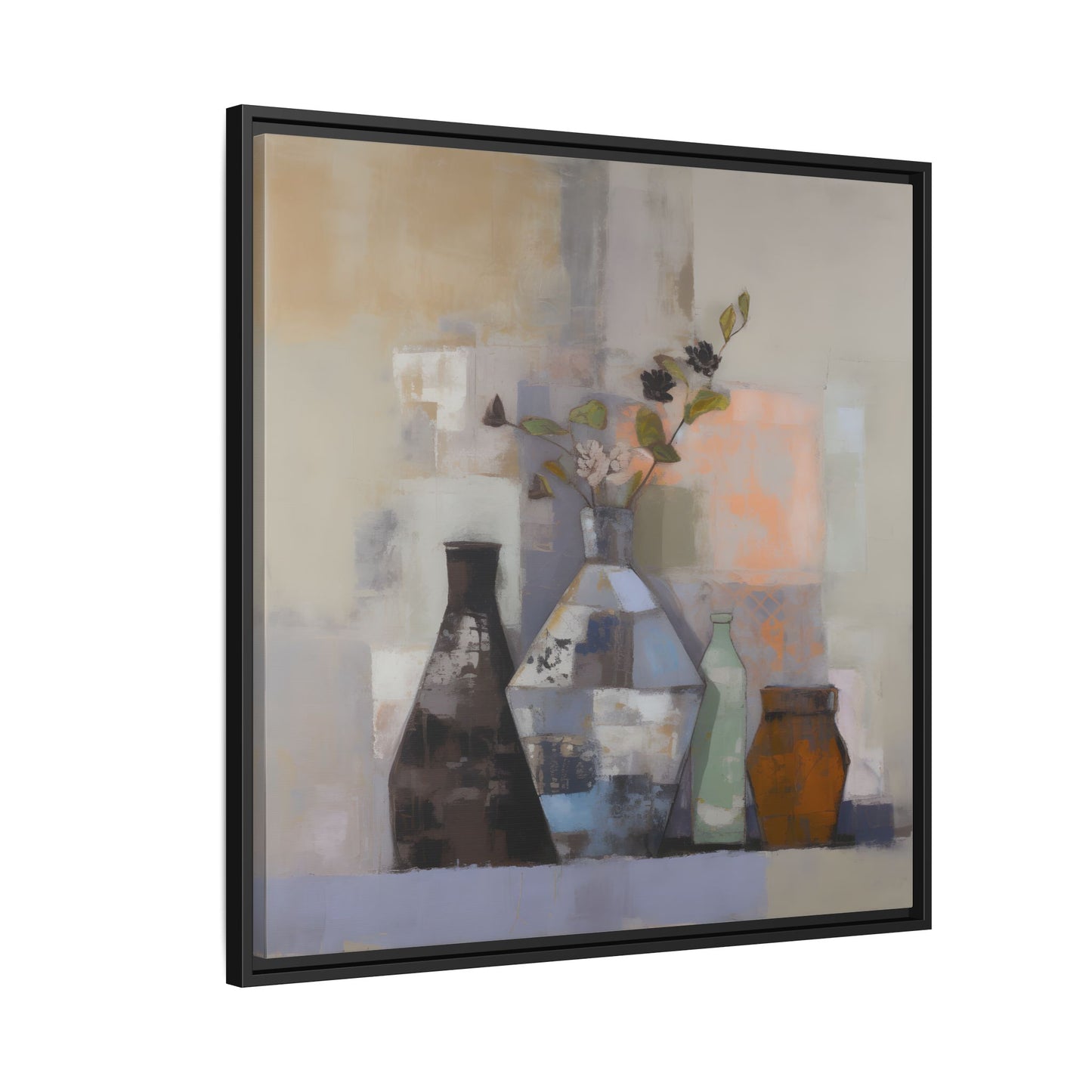 Earthy Bottle Still Life Wall Art – Framed Abstract Canvas with Geometric Vases in Neutral Tones, featuring pastel shades and soft floral sprigs.