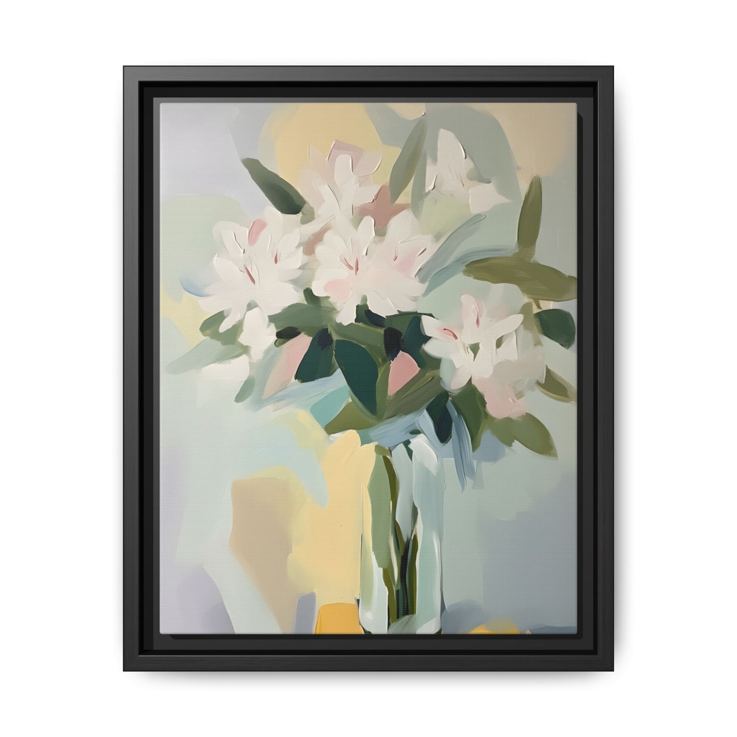 Soft Abstract Floral Wall Art – Framed Modern Canvas with White Flowers in Green Vase; ideal for bedrooms and peaceful spaces.