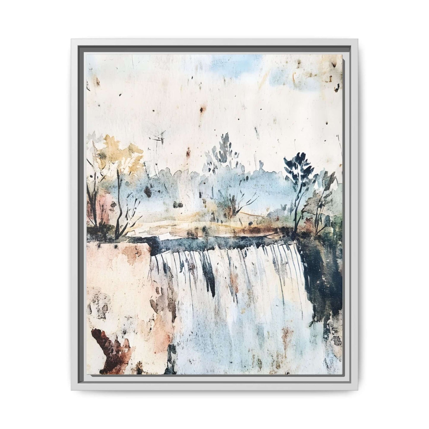 Framed watercolor wall art featuring a serene landscape with a waterfall and trees, perfect for home decor.