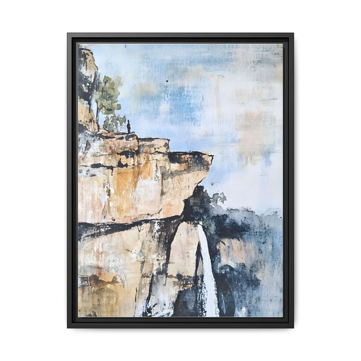 Impressionistic scenic landscape waterfall, framed canvas wall art; serene, high-quality art piece for home decor and inspiration.
