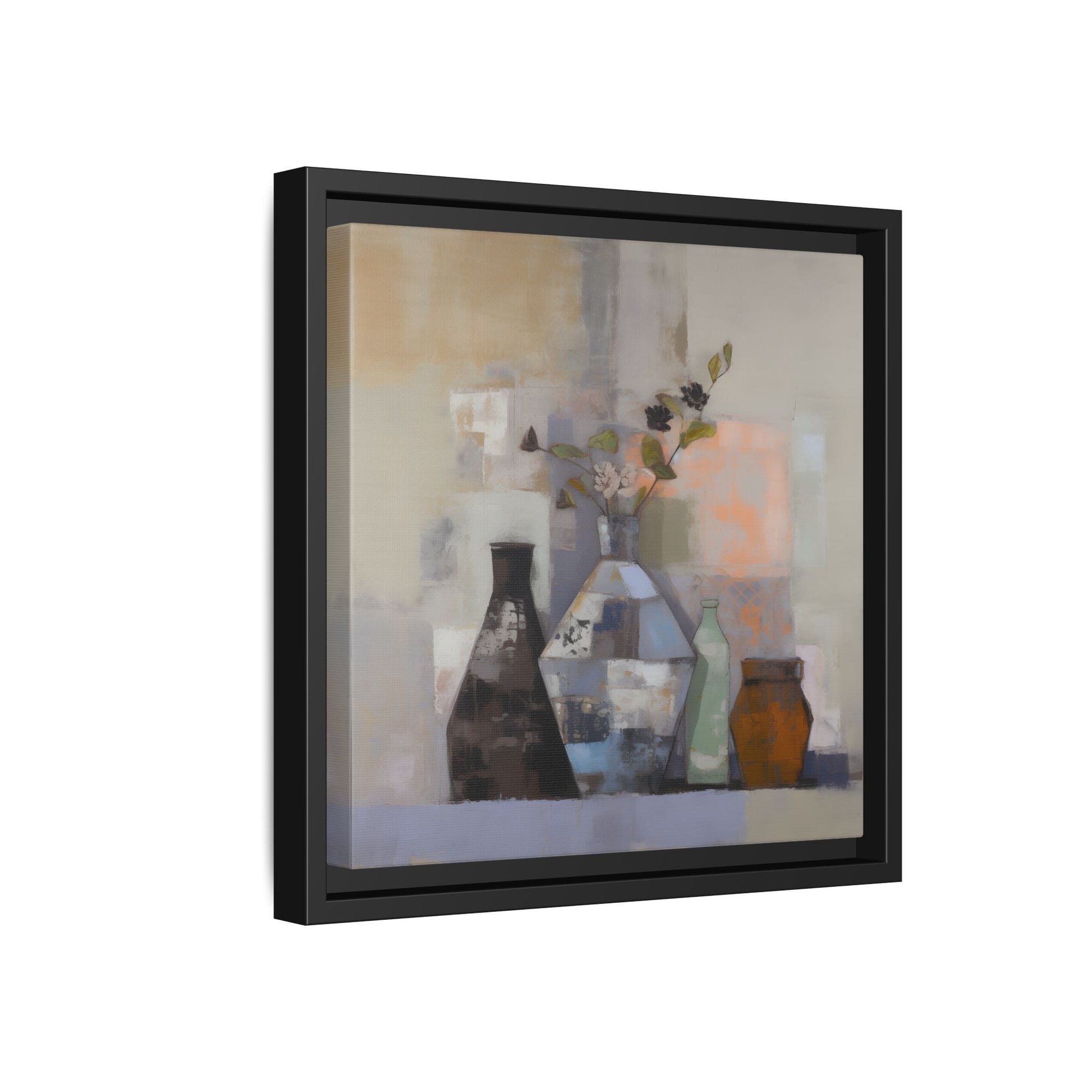 Earthy Bottle Still Life Wall Art – Framed Abstract Canvas with Geometric Vases in Neutral Tones, featuring earthy colors and vases.