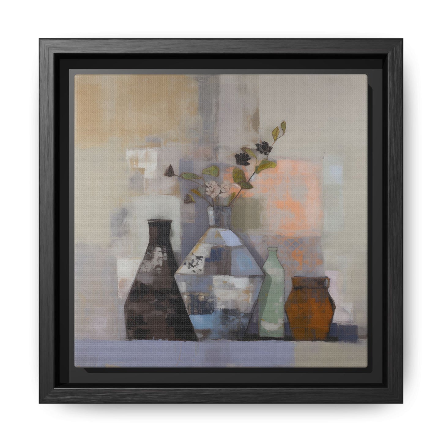 Earthy Bottle Still Life Wall Art – Framed Abstract Canvas with Geometric Vases in Neutral Tones, featuring brown and terracotta hues