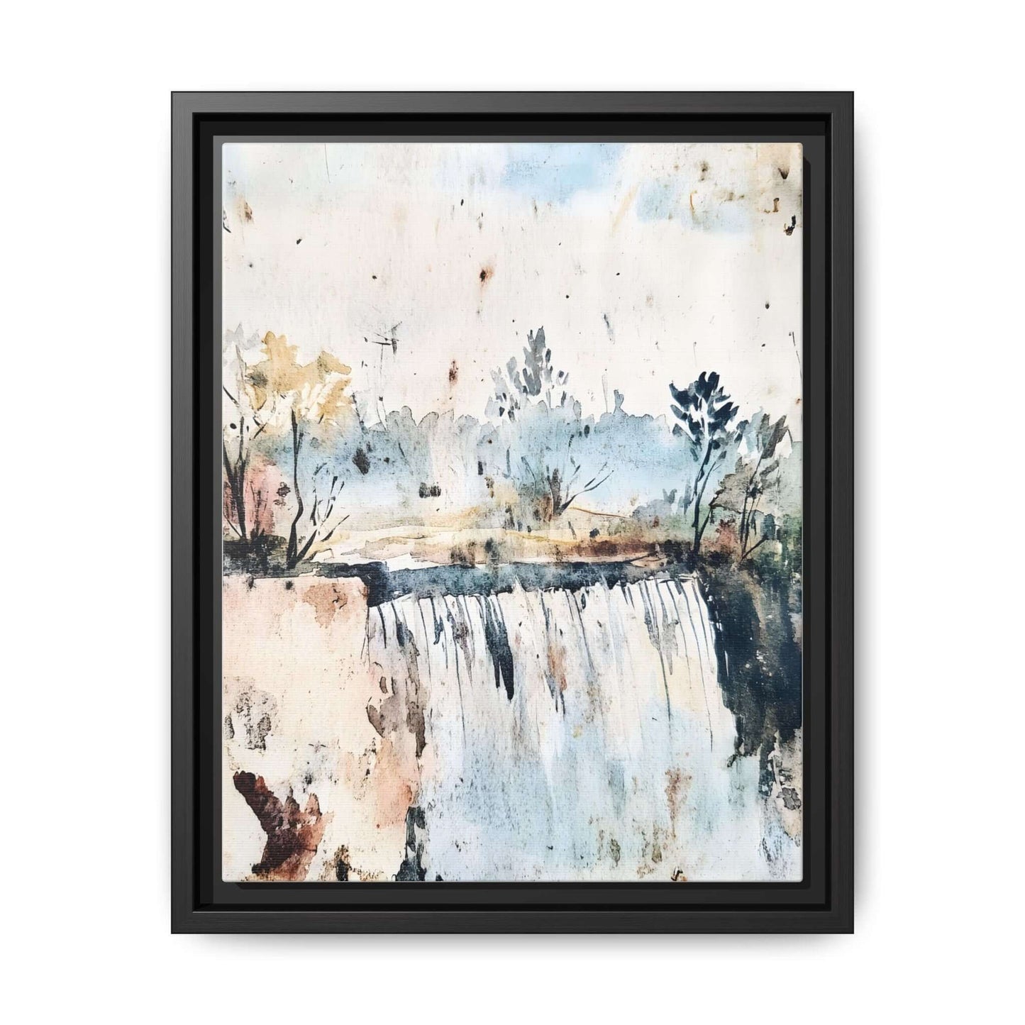 Framed watercolor wall art depicting a serene landscape waterfall, enhancing home decor; available in various sizes and orientations.