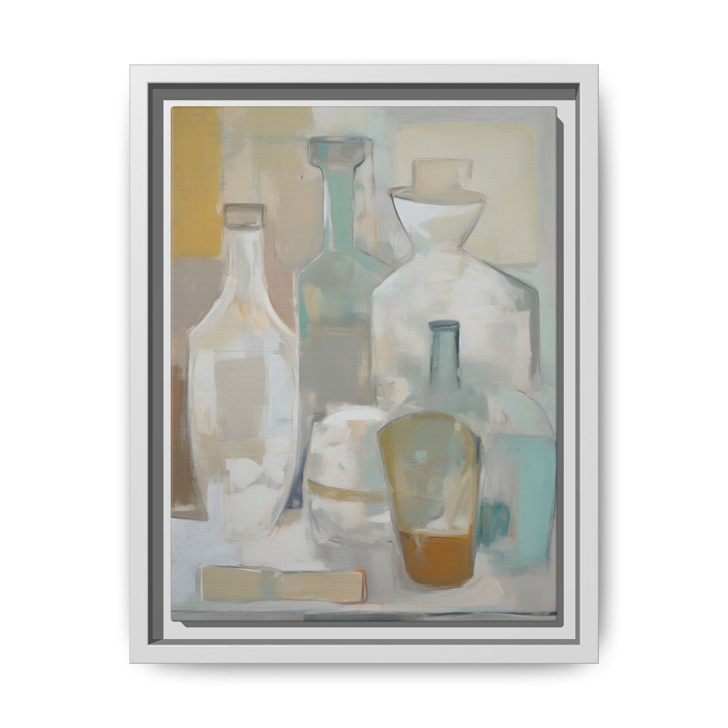Modern Still Life Wall Art – Neutral Bottles Framed Canvas in Beige, Aqua & Amber, minimalist decor, serene kitchen or dining room art