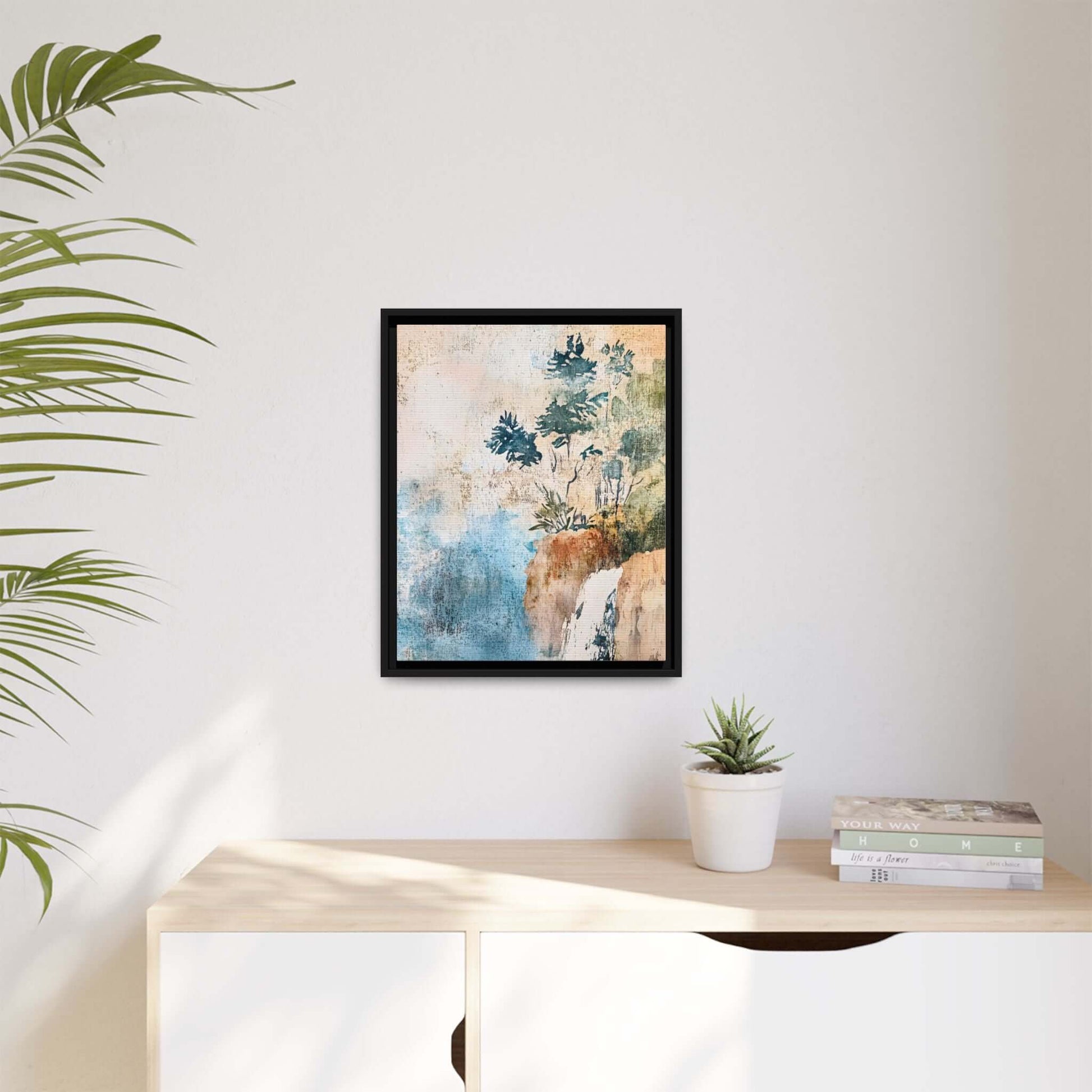 Framed watercolor canvas print featuring a serene misty forest landscape, enhancing home decor with elegance and tranquility.