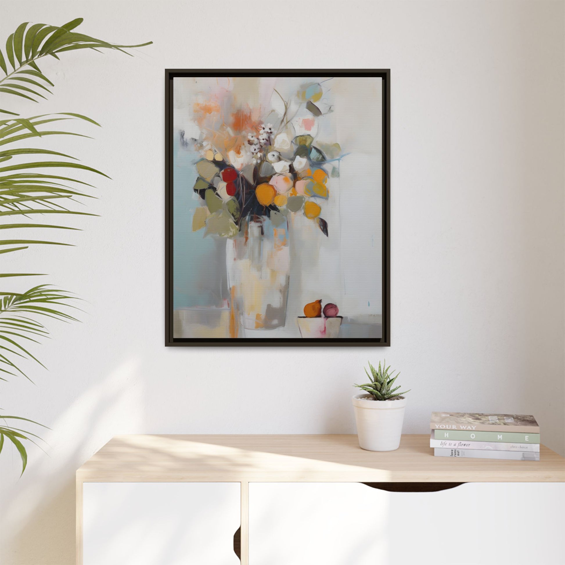 Colorful Floral Still Life Wall Art – Framed Abstract Canvas with Bright Blooms and Fruit Bowl on wall in a modern interior