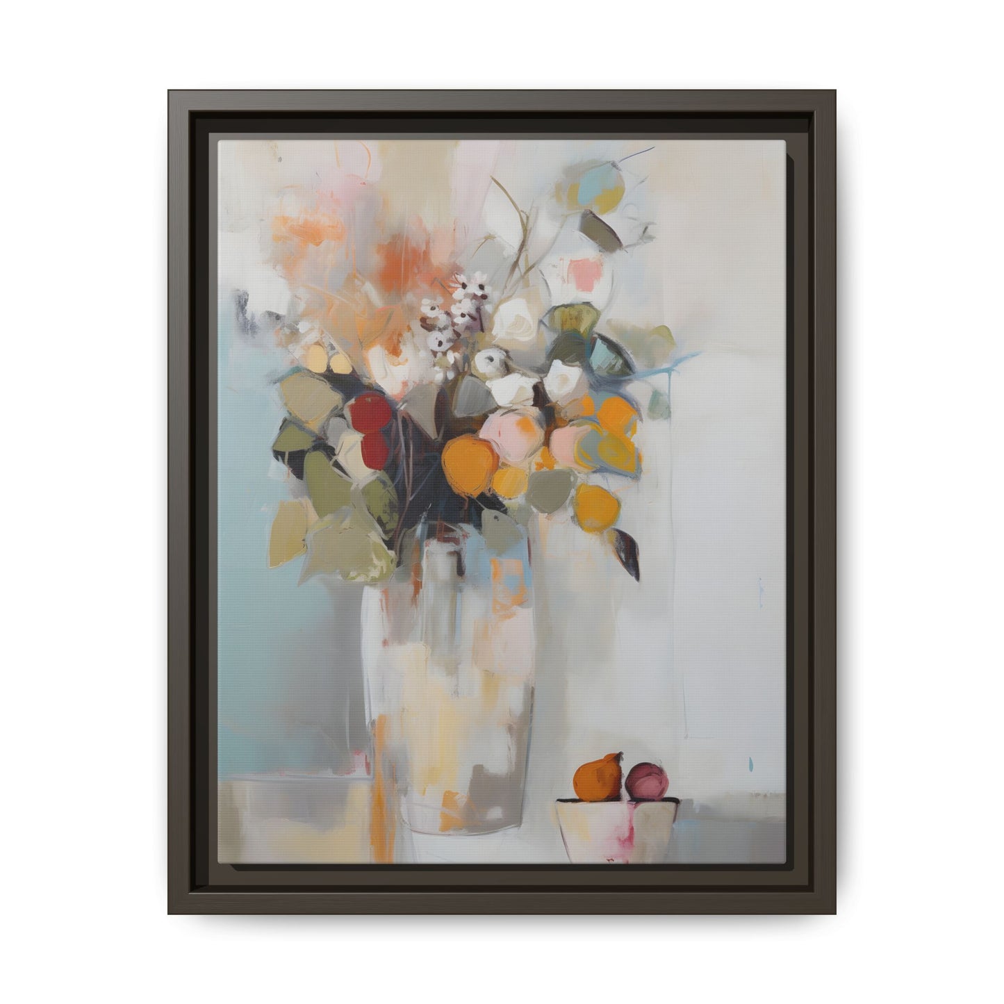 Colorful Floral Still Life Wall Art – Framed Abstract Canvas with Bright Blooms and Fruit Bowl, vibrant home decor piece