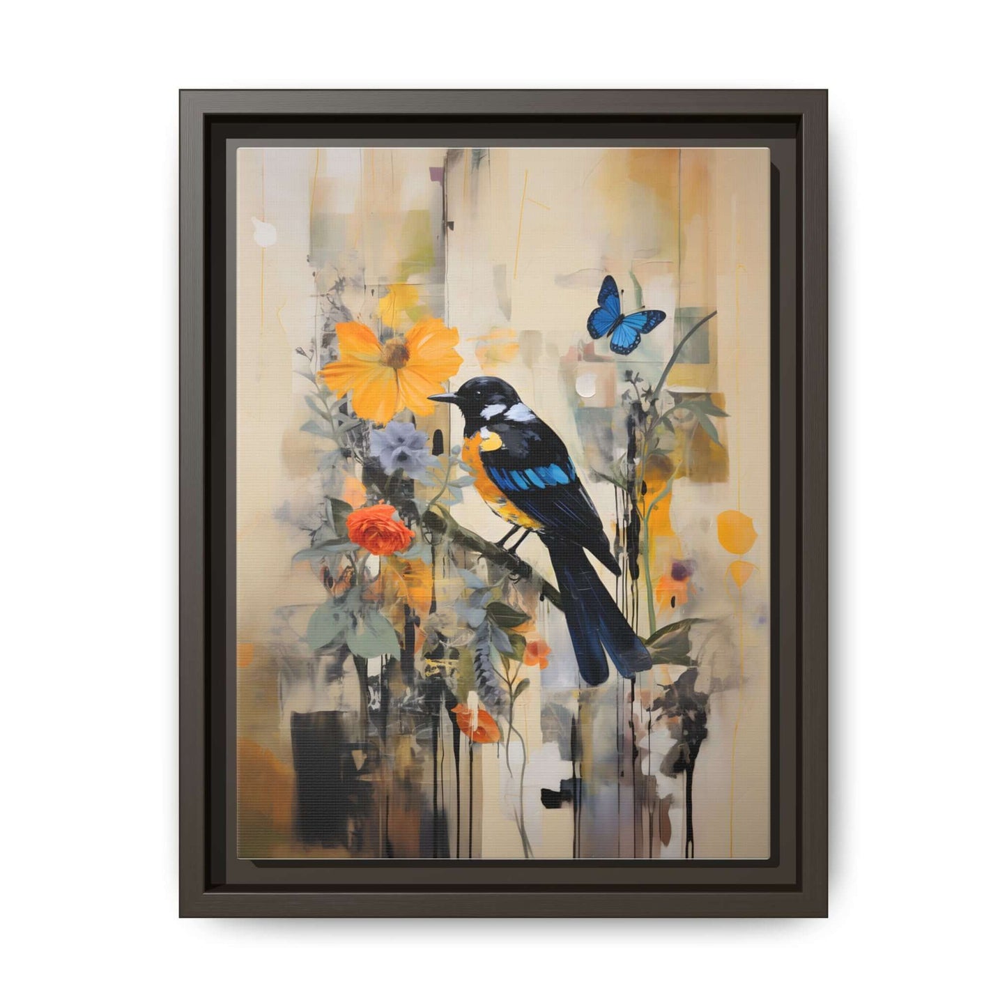 Framed colorful bird and butterfly canvas art, vibrant floral design, 24x32 vertical decor, matte finish, home wall adornment
