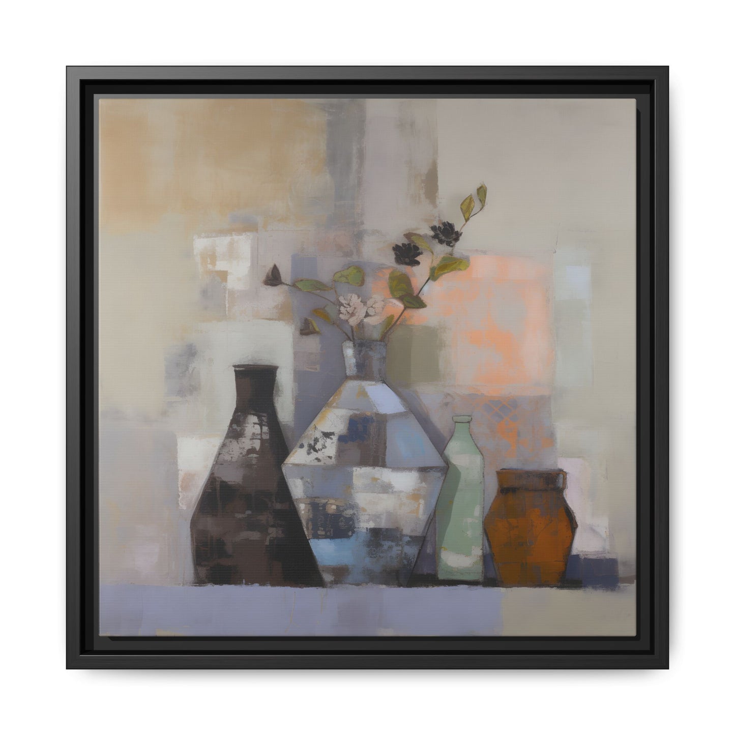 Earthy Bottle Still Life Wall Art – Framed Abstract Canvas with Geometric Vases in Neutral Tones featuring florals.