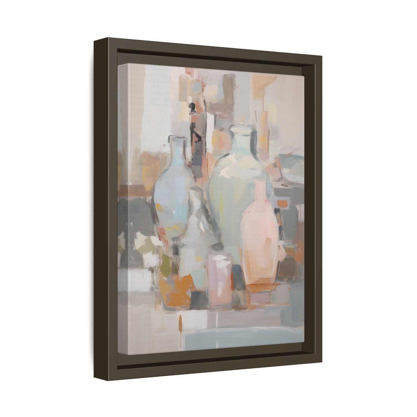 Modern Abstract Still Life Wall Art – Colorful Framed Canvas with Blue, Pink & Terracotta Bottles featuring soft hues and dynamic composition