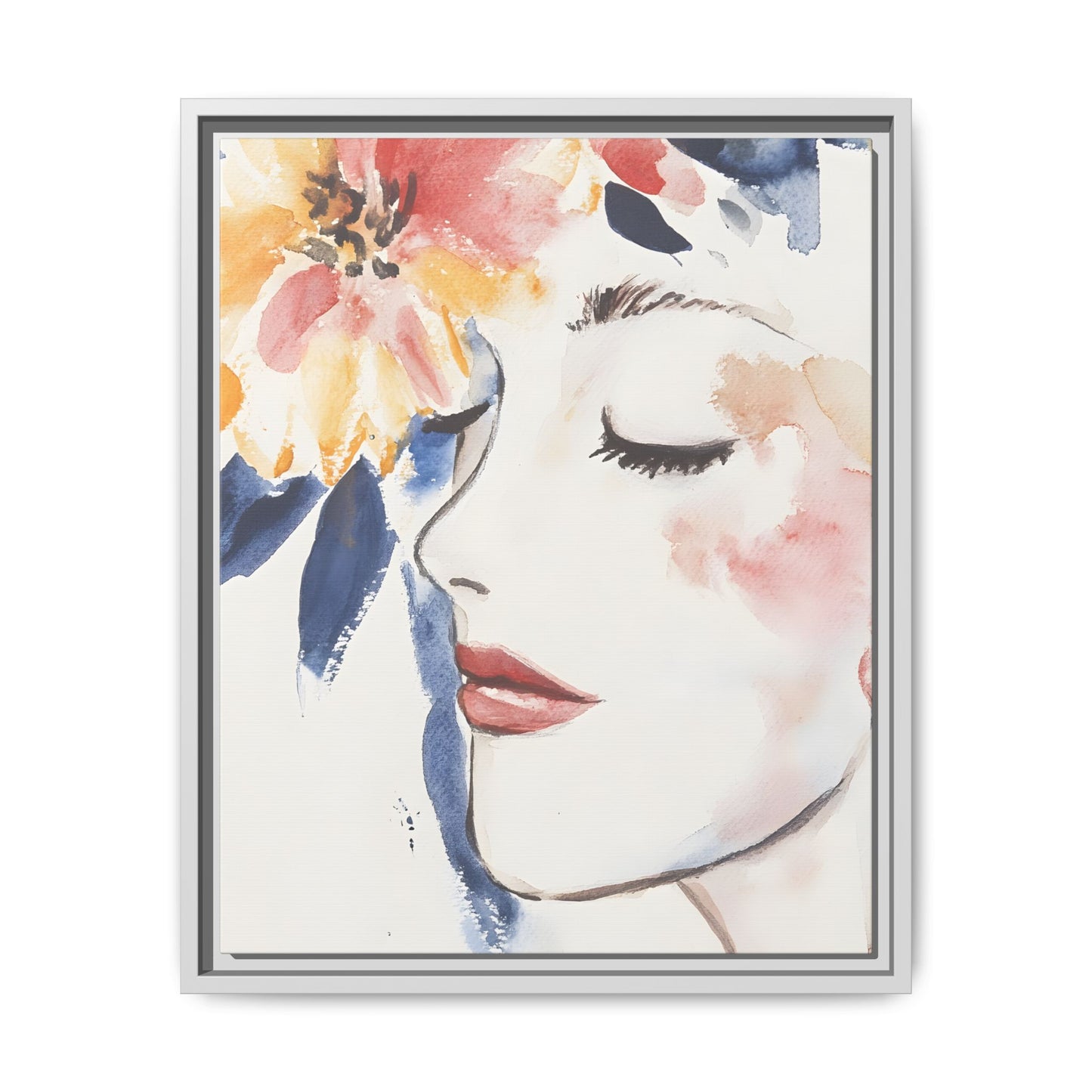 Multi-Color Framed Matte Canvas Art - Floral Face Portrait, vertical artwork with vibrant floral accents, perfect for enhancing decor.