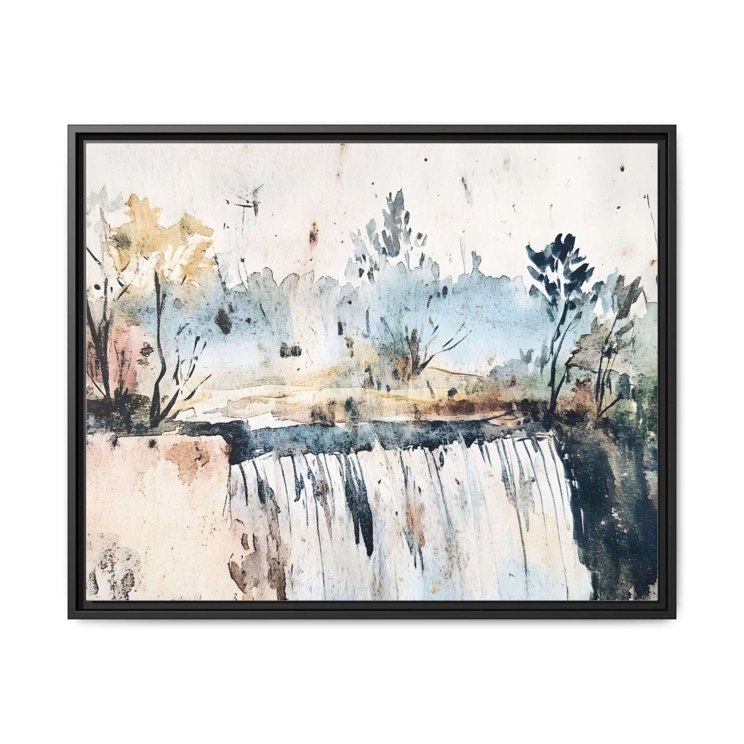 Framed watercolor wall art depicting a serene landscape with a waterfall and trees, suitable for home decor; available in various sizes.