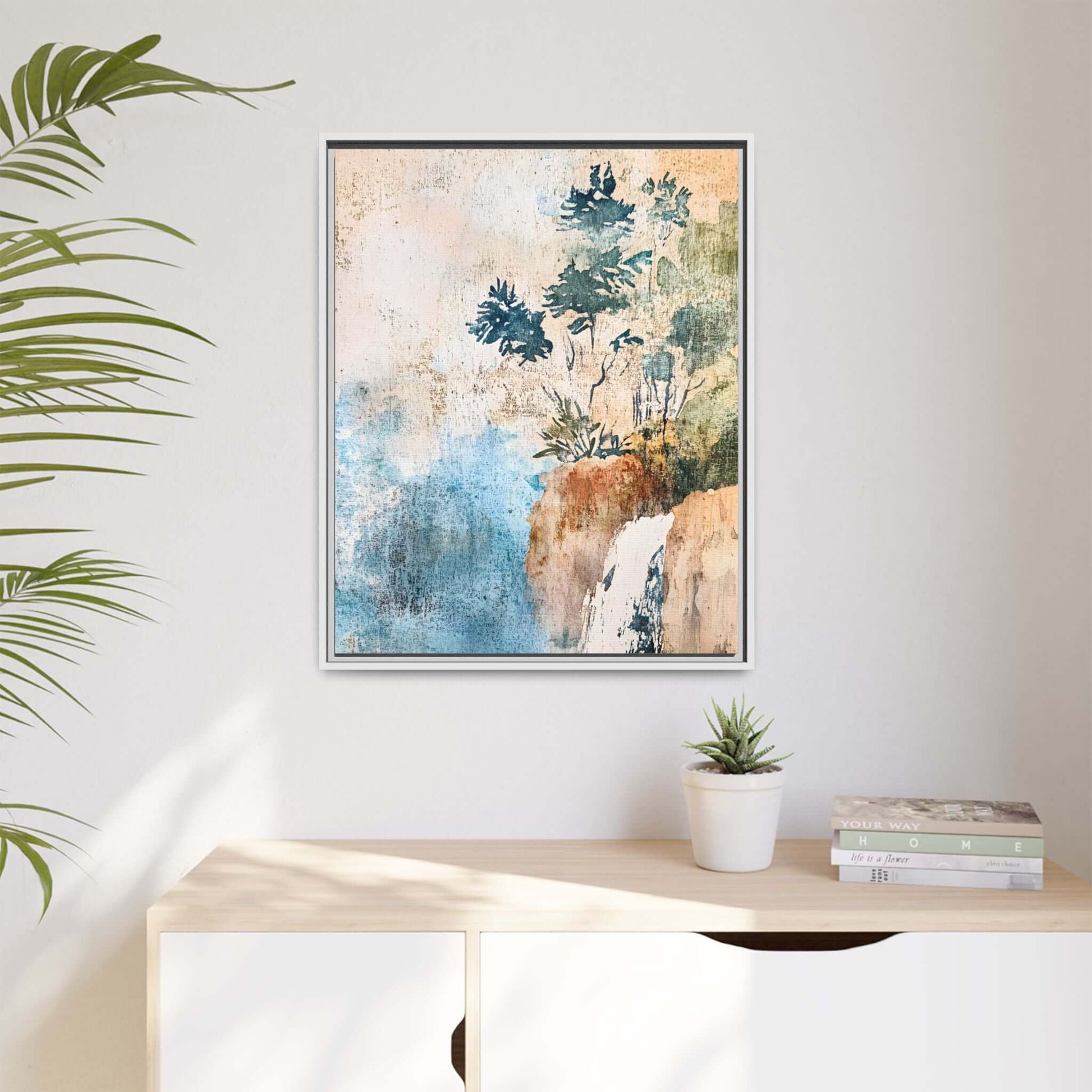 Framed watercolor canvas print of a serene misty forest landscape, perfect for elegant home decor, creating a calming atmosphere.