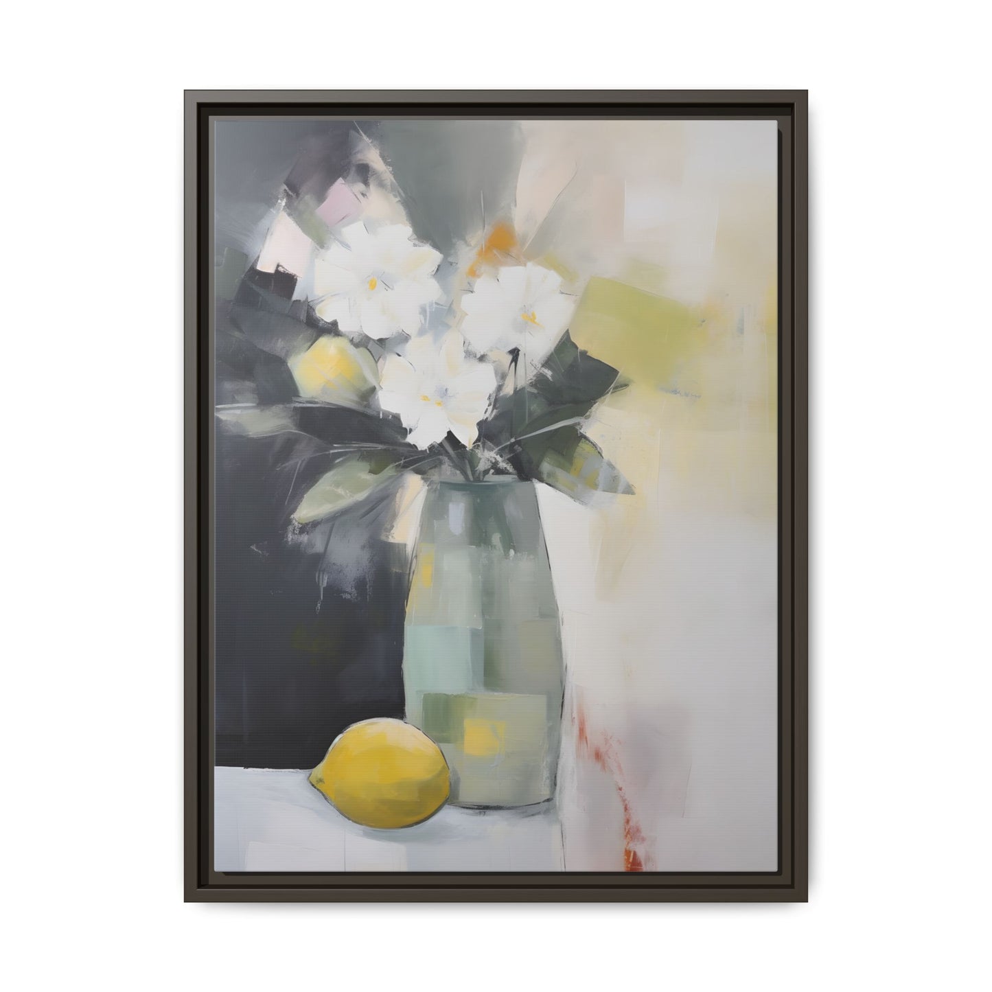 Modern Floral Still Life Wall Art – Framed Canvas with White Flowers and Lemon in Soft Green Vase