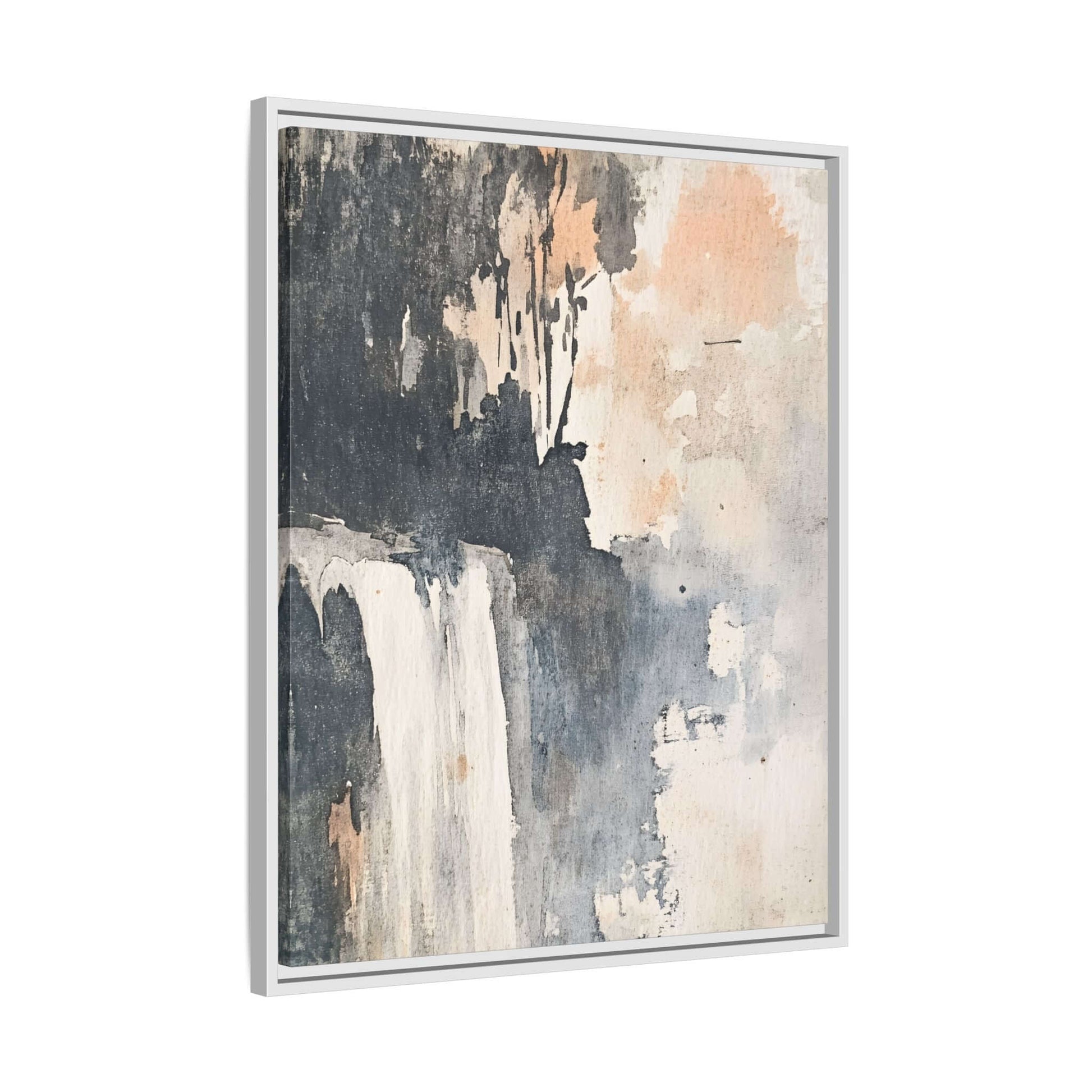 Framed abstract waterfall art print on a matte canvas, ideal for elegant home decor, featuring soft neutral tones in a vertical orientation.