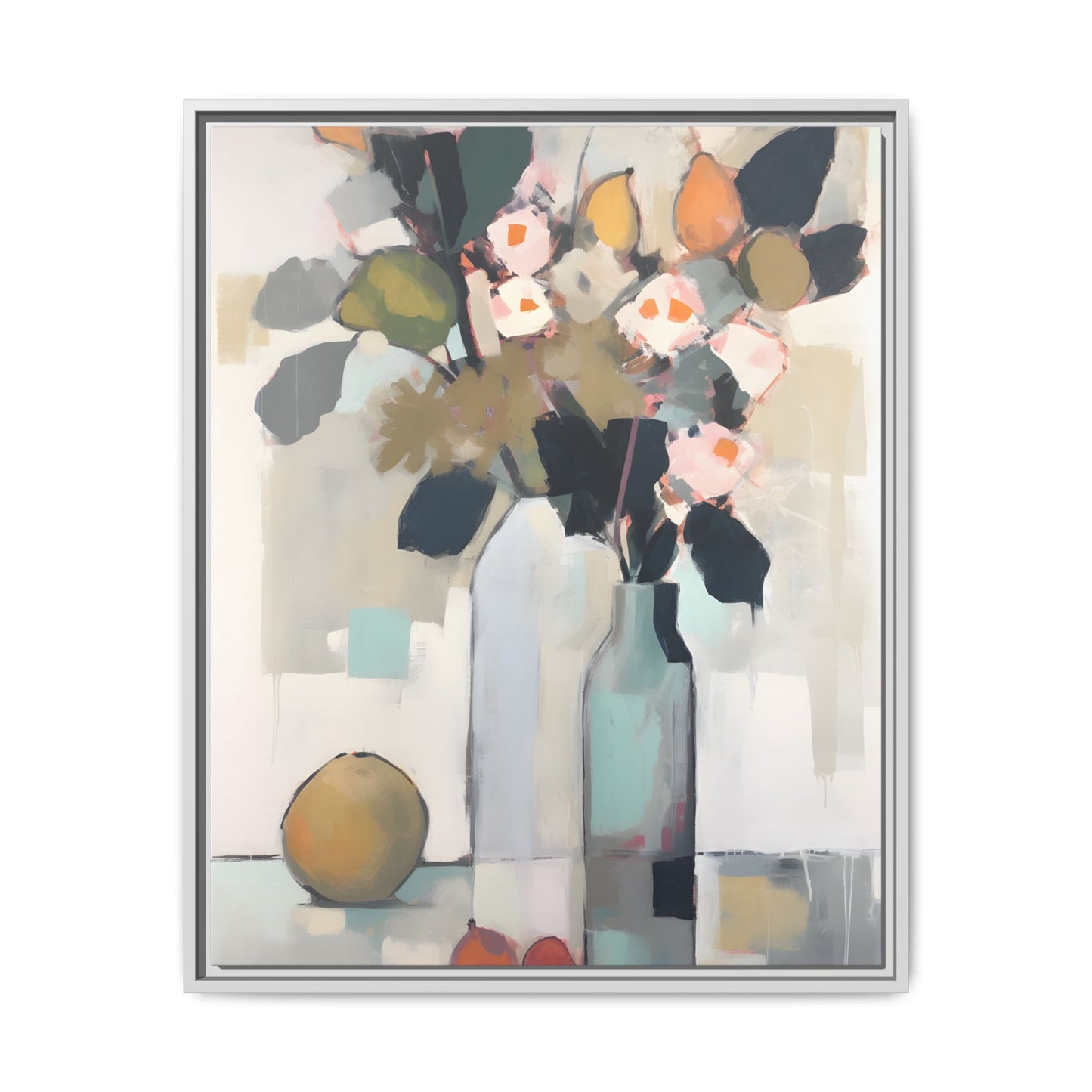 Modern Floral Still Life Wall Art – Framed Canvas with Bold Leaves and Citrus in Vase, featuring abstract florals for home decor.