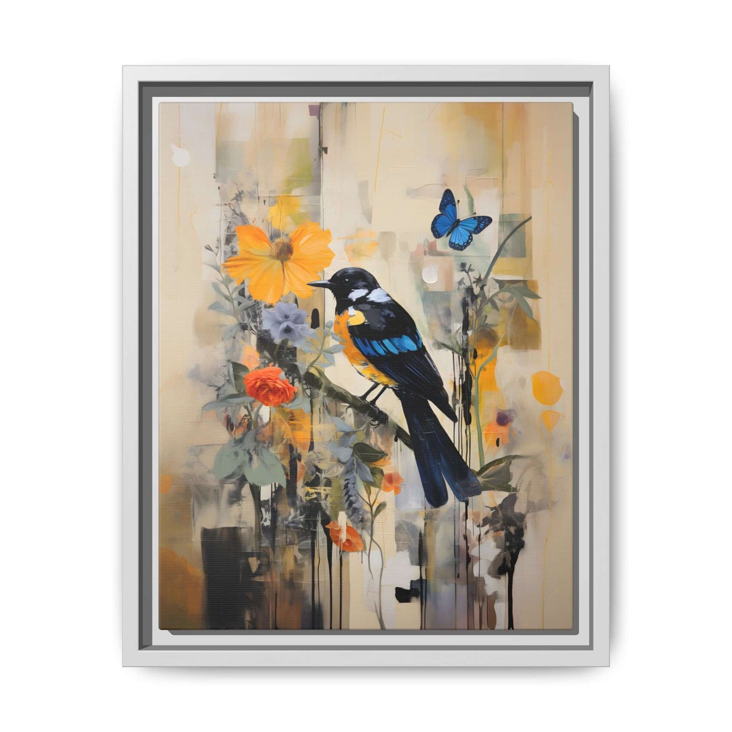 Framed colorful bird and butterfly canvas art in vibrant colors, featuring flowers and abstract design, perfect for home decor.