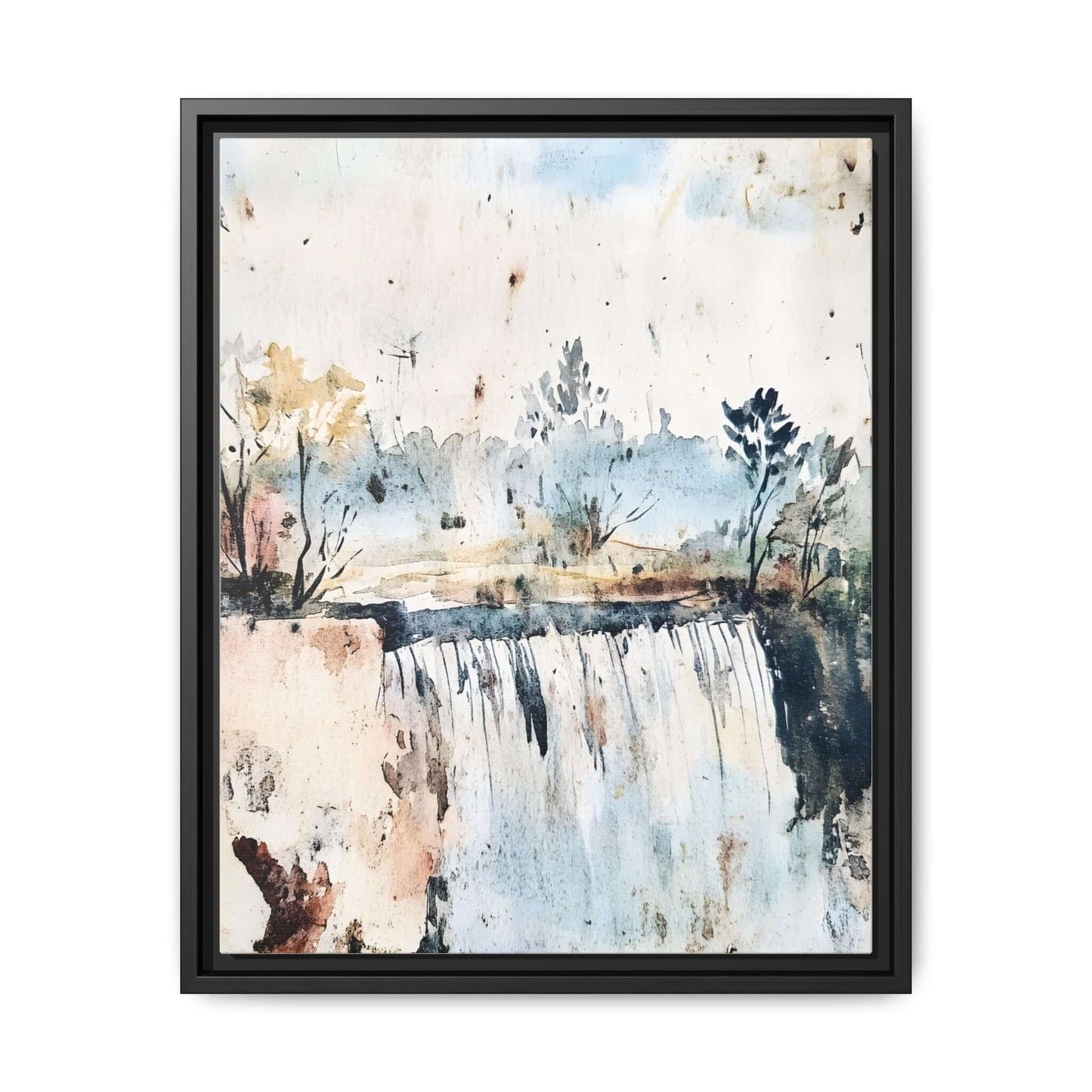 Framed watercolor wall art depicting a serene landscape with trees and waterfall, in soft earth tones, ideal for home decor.