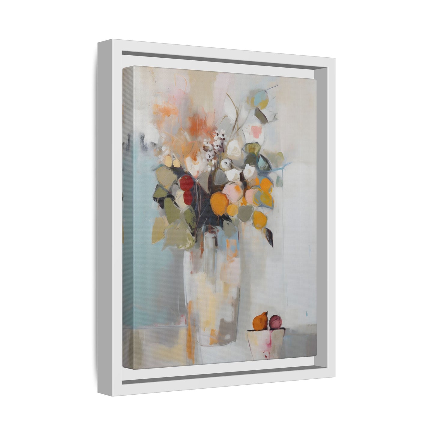 Colorful Floral Still Life Wall Art – Framed Abstract Canvas with Bright Blooms and Fruit Bowl for vibrant home decor.