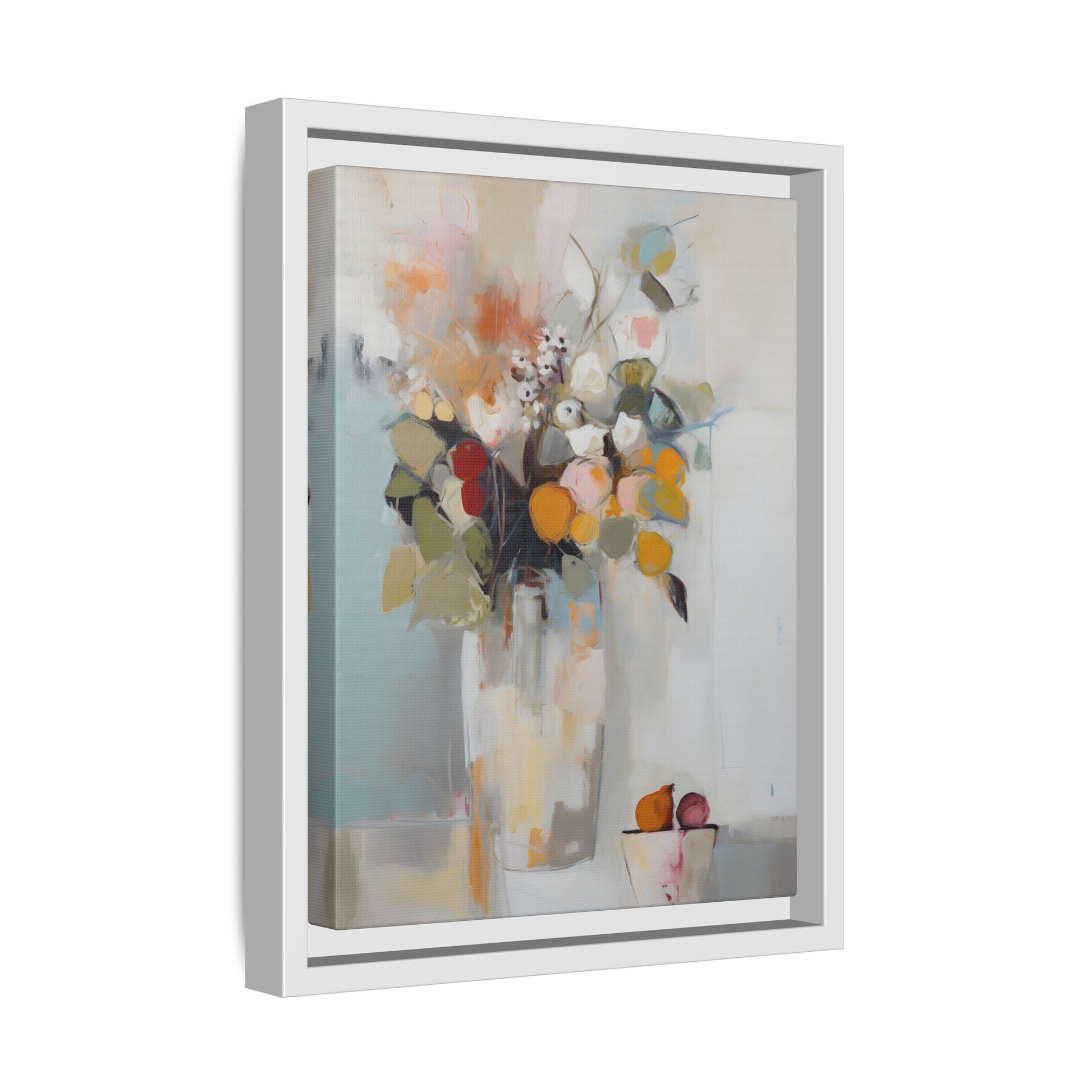 Colorful Floral Still Life Wall Art – Framed Abstract Canvas with Bright Blooms and Fruit Bowl for vibrant home decor.