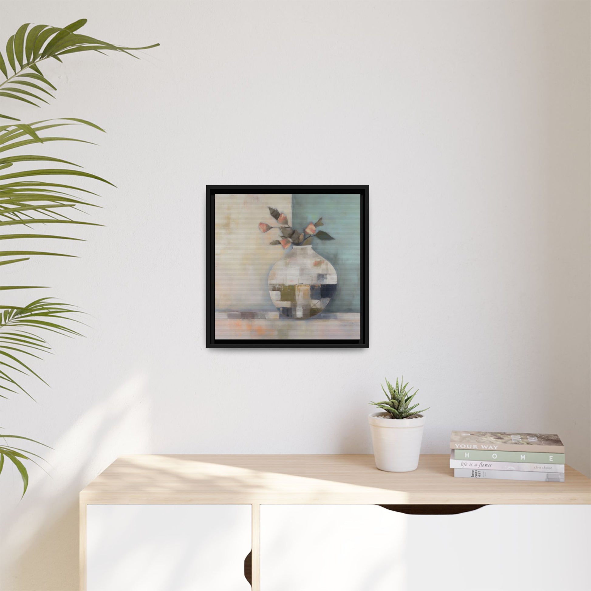 Geometric Floral Still Life Wall Art – Framed Abstract Canvas with Vase and Blush Pink Buds displayed in modern living room.