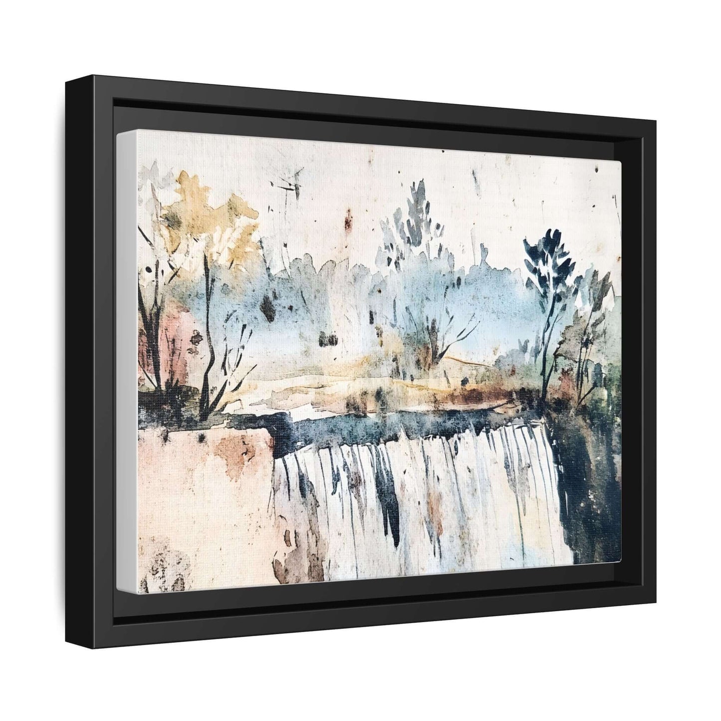 Framed watercolor wall art depicting a serene landscape with trees and a waterfall, ideal for home decor.