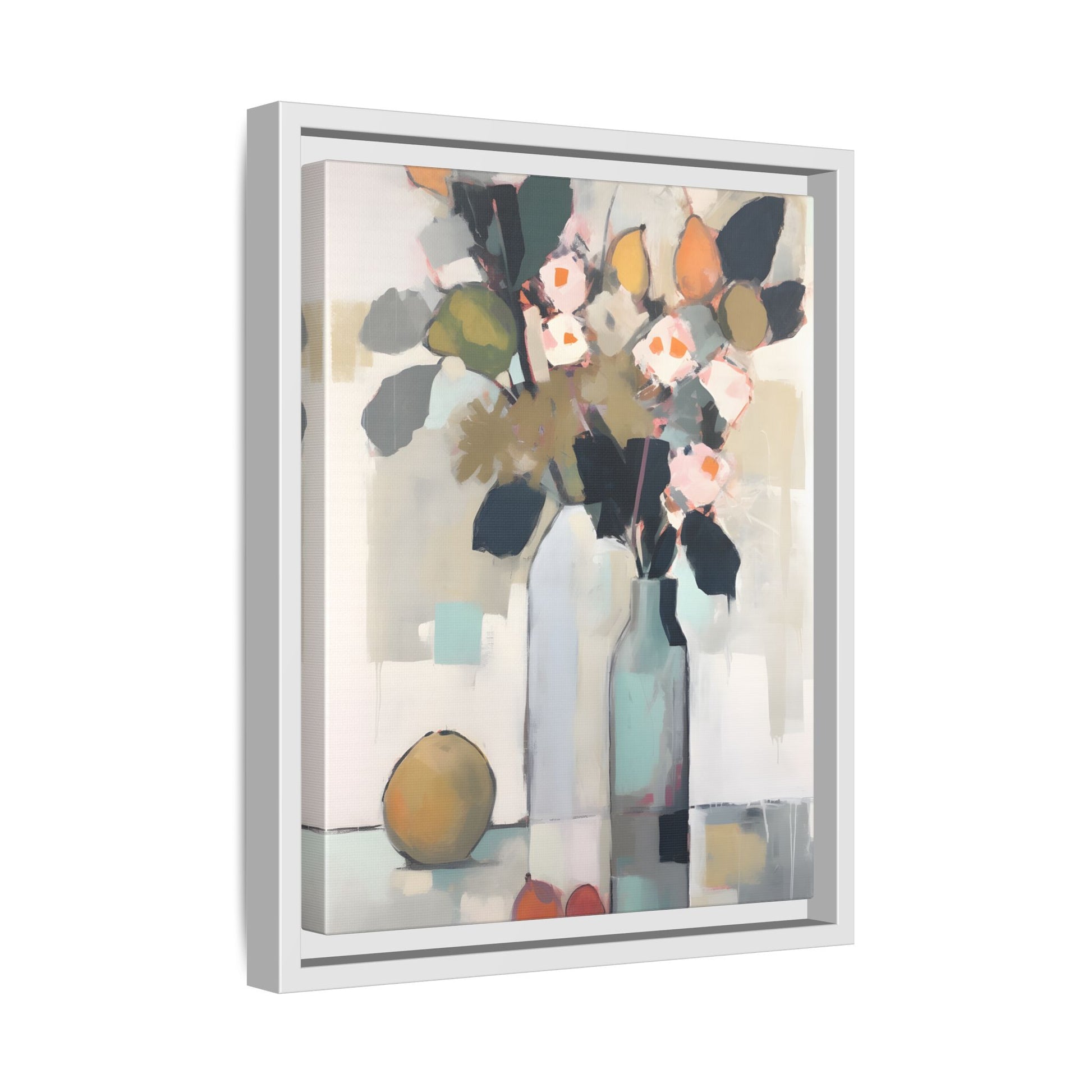 Modern Floral Still Life Wall Art – Framed Canvas with Bold Leaves and Citrus in Vase, featuring abstract vases with florals and fruits.
