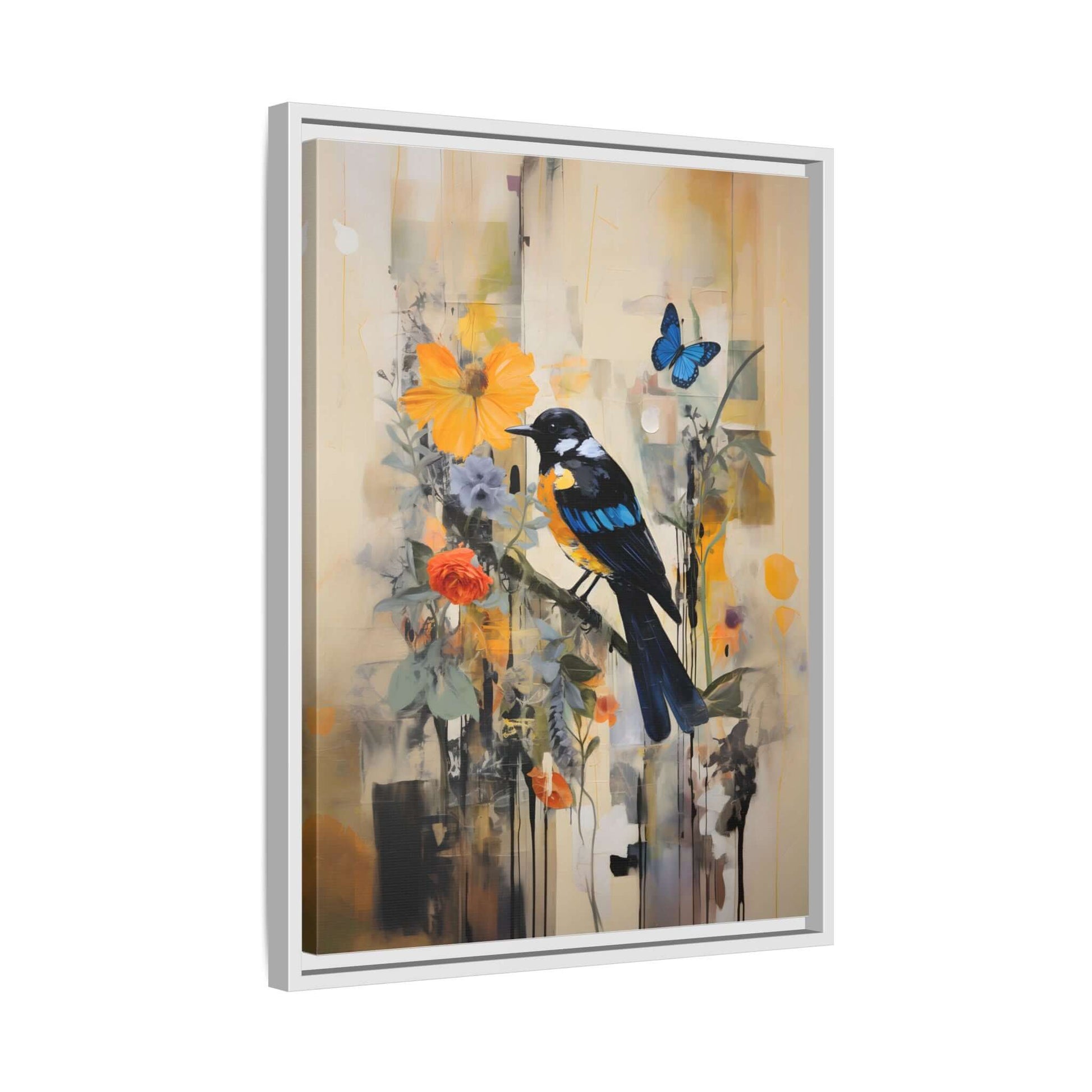 Framed colorful bird and butterfly canvas art with vibrant flowers and foliage, perfect for enhancing home decor.