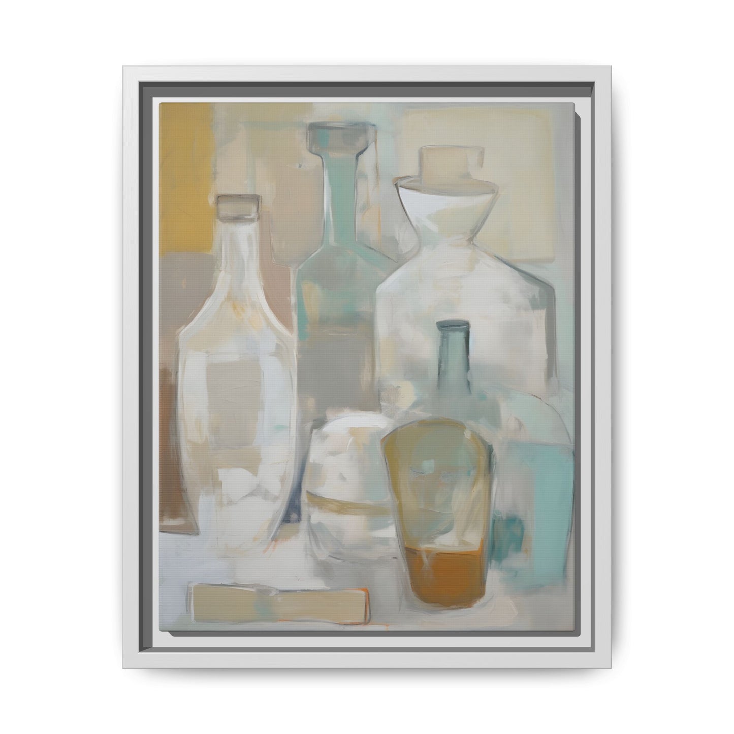Modern Still Life Wall Art – Neutral Bottles Framed Canvas in Beige, Aqua & Amber depicting translucent bottles, adds elegance to space.