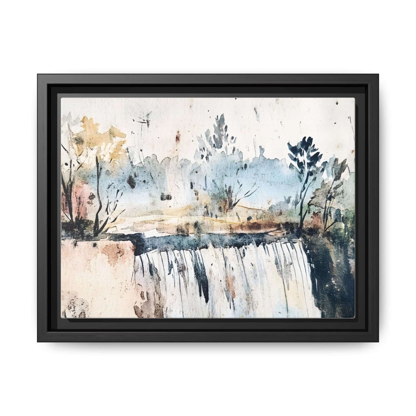 Framed watercolor wall art of serene landscape decor with trees and waterfall.