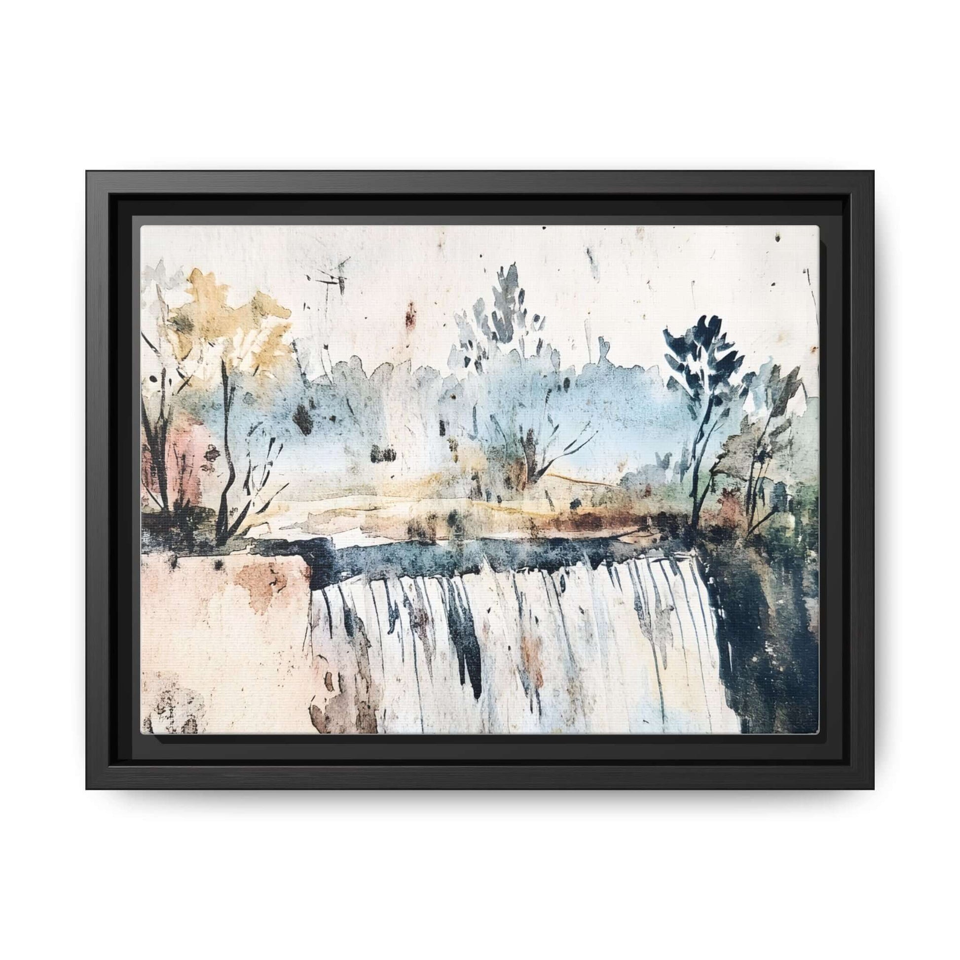 Framed watercolor wall art of serene landscape decor with trees and waterfall.