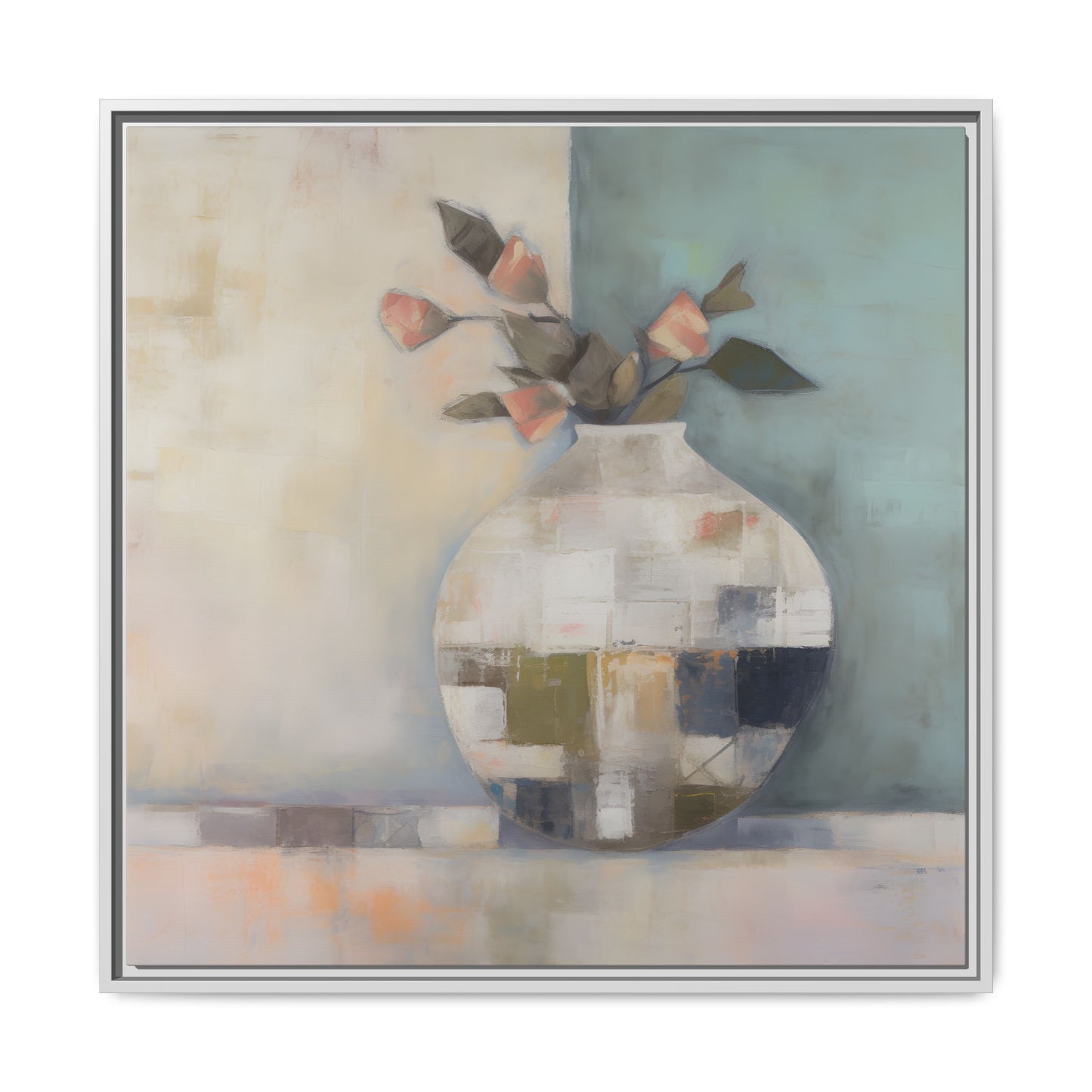 Geometric Floral Still Life Wall Art – Framed Abstract Canvas with Vase and Blush Pink Buds featuring aqua and coral tones