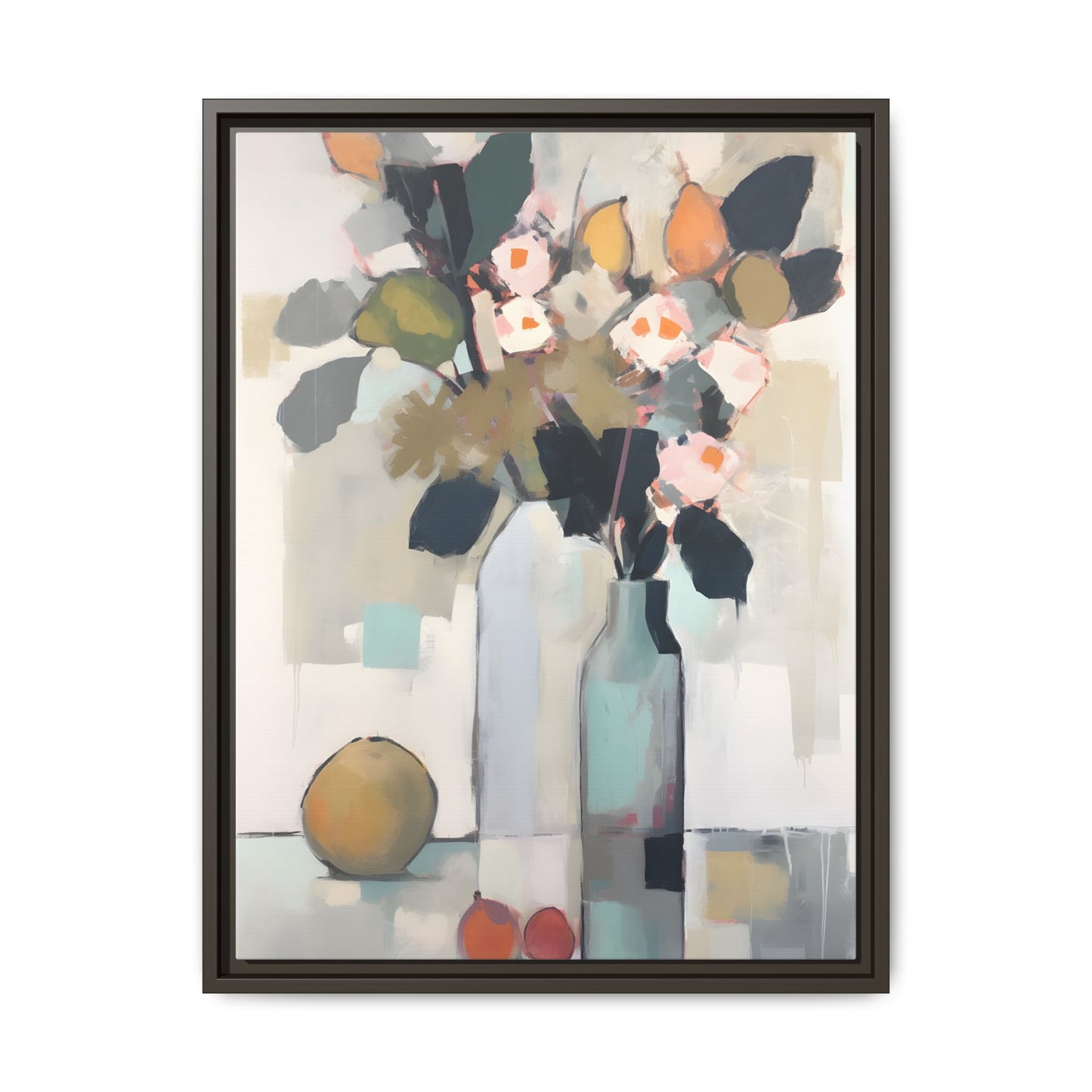 Modern Floral Still Life Wall Art – Framed Canvas with Bold Leaves and Citrus in Vase, featuring abstract bouquet in vibrant colors.