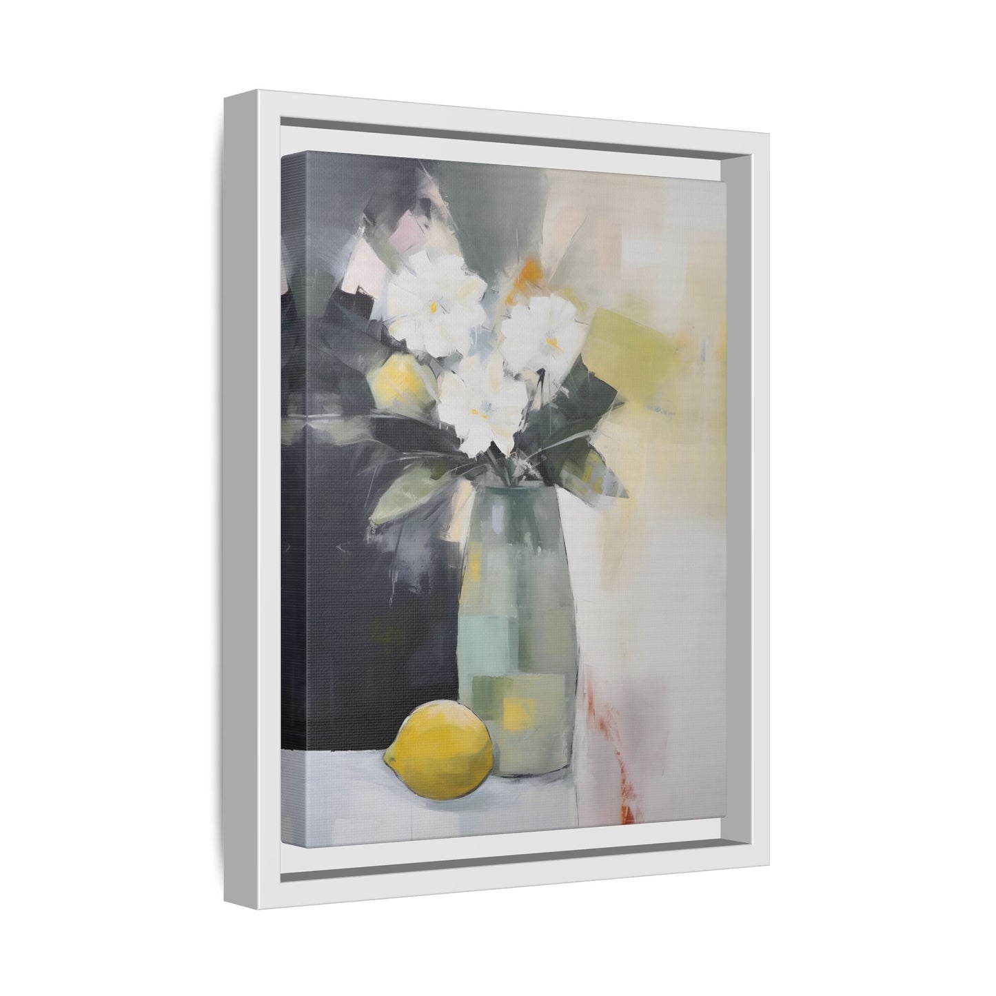 Modern Floral Still Life Wall Art – Framed Canvas with White Flowers and Lemon in Soft Green Vase, artistic home decor