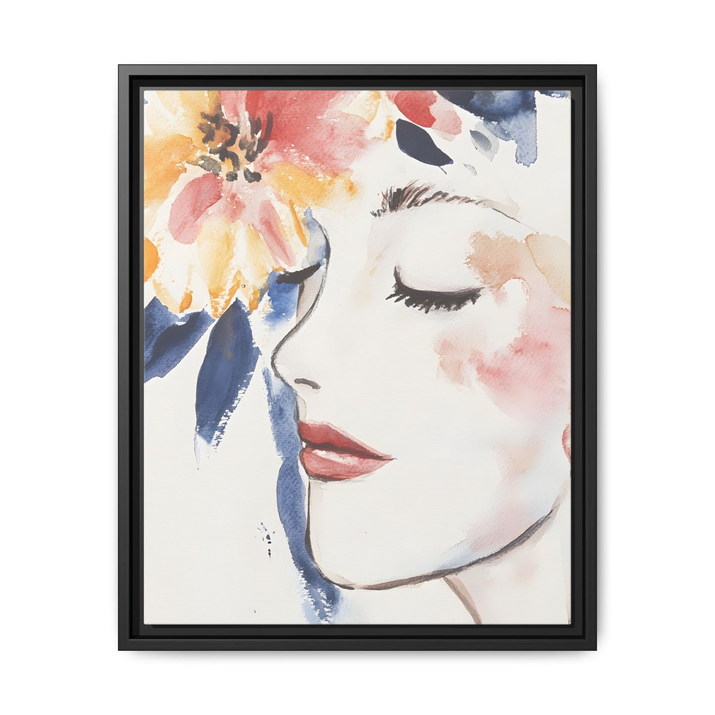 Multi-Color Framed Matte Canvas Art - Floral Face Portrait with pink and orange flowers, vertical design in black frame.