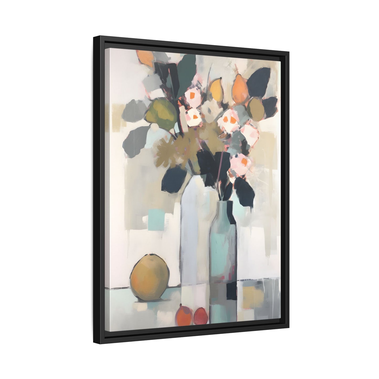 Modern Floral Still Life Wall Art – Framed Canvas with Bold Leaves and Citrus in Vase, abstract art with leaves and citrus fruits