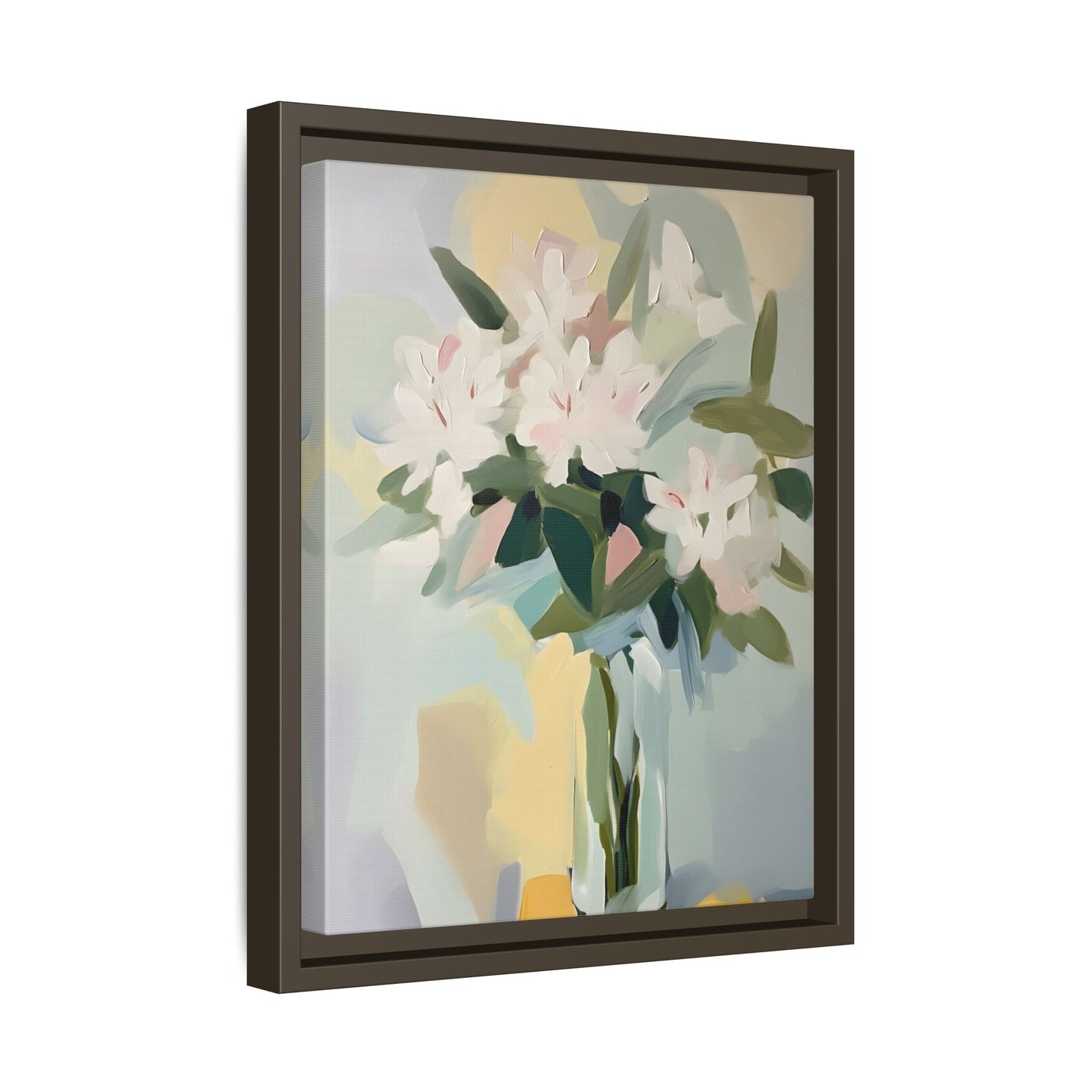 Soft Abstract Floral Wall Art – Framed Modern Canvas with White Flowers in Green Vase, perfect for contemporary home decor.