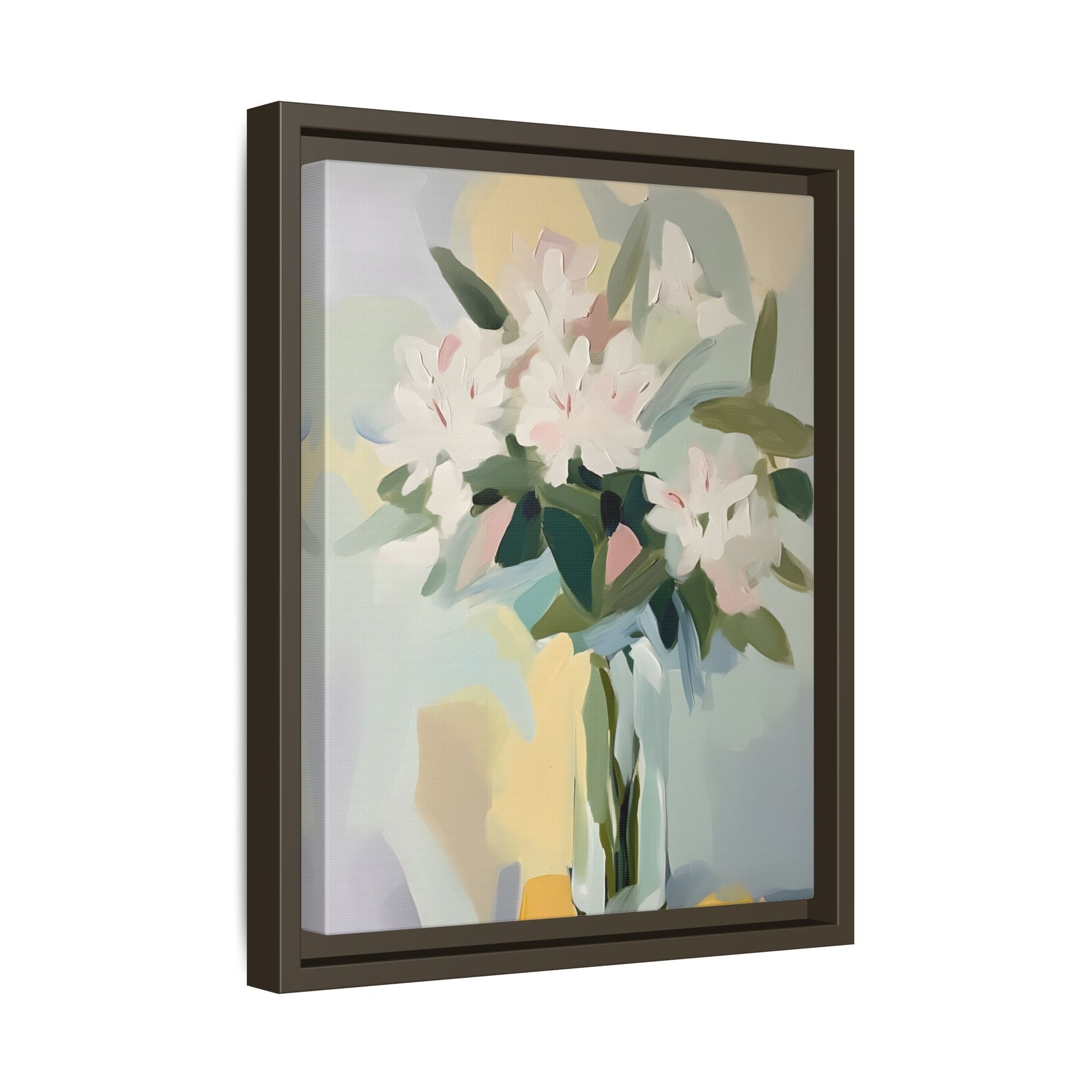 Soft Abstract Floral Wall Art – Framed Modern Canvas with White Flowers in Green Vase, perfect for contemporary home decor.