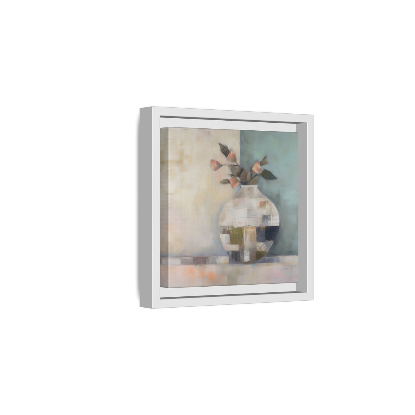 Geometric Floral Still Life Wall Art – Framed Abstract Canvas with Vase and Blush Pink Buds featuring soft, minimalist design in aqua tones