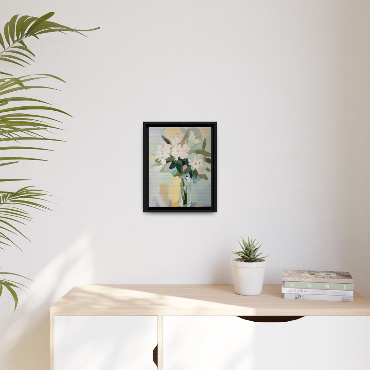 Soft Abstract Floral Wall Art – Framed Modern Canvas with White Flowers in Green Vase on display in a modern interior setting